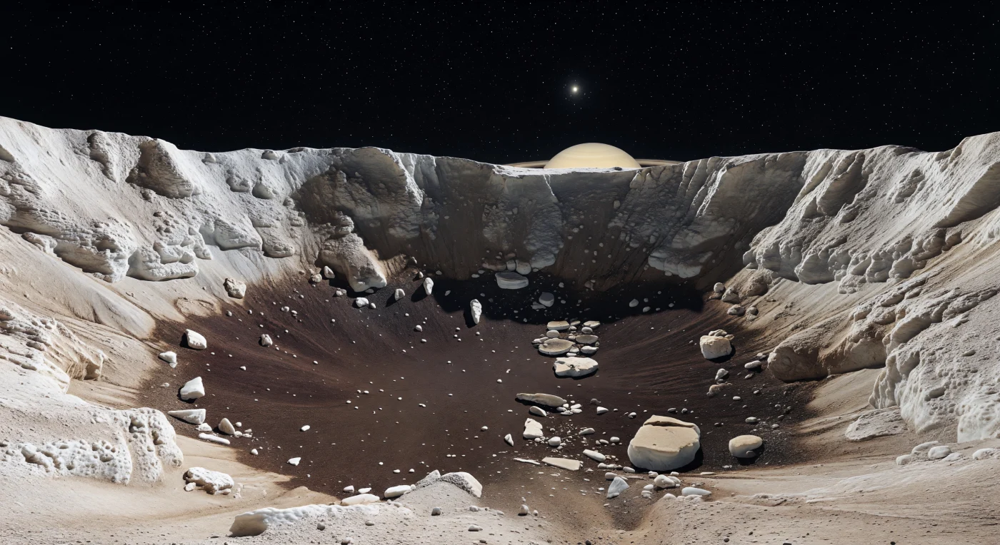 Au fond de cette cuvette d’impact aux parois abruptes, on a l’impression de se tenir dans un amphithéâtre de glace poreuse: tout autour s’élèvent des murs crème à blanc cassé, grêlés de cavités, de corniches friables et de textures spongieuses qui trahissent une croûte riche en glace d’eau et extraordinairement peu dense. Le sol, plus lisse en apparence, forme une nappe sombre de dépôts résiduels mats, brun cacao à ombre, probablement un mélange de régolithe glacé et de matériaux organiques assombris concentrés au fond du cratère, où reposent çà et là des blocs anguleux de glace claire arrachés aux parois par d’anciens impacts. Sous une lumière solaire lointaine, faible mais d’une netteté implacable, le rebord supérieur flamboie presque blanc tandis que le bassin reste en partie noyé d’ombres tranchantes, accentuant la profondeur insolite de la scène dans une gravité minuscule. Au-dessus, le ciel est un vide noir absolu, parfois dominé par le disque pâle et immense de Saturne, ce qui renforce l’étrangeté silencieuse de ce paysage figé, sans air, sans liquide et sans activité actuelle, sculpté seulement par les chocs et le temps.