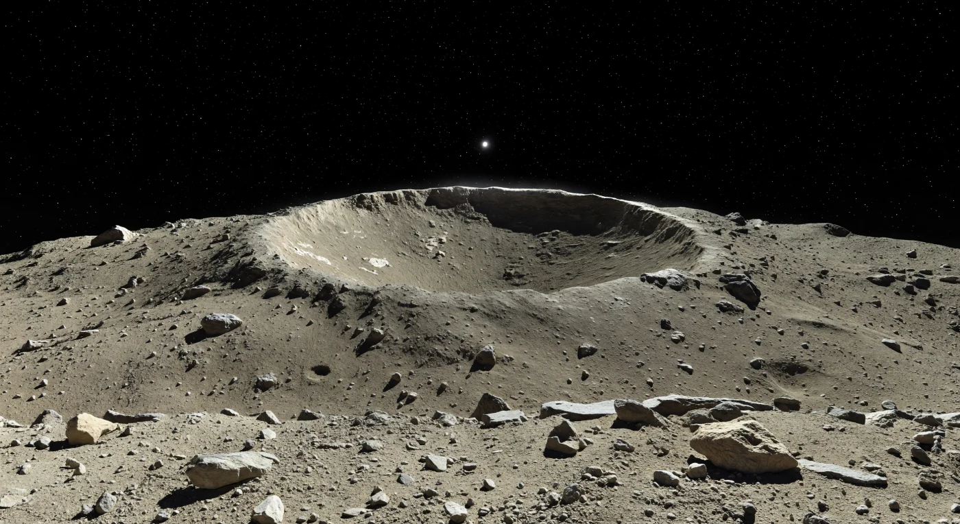 Depuis un rebord d’éjectas friable, semé de poussière silicatée beige, de graviers et de blocs chondritiques anguleux à peine retenus par une gravité infime, le regard plonge dans un cratère en cuvette dont la lèvre opposée flamboie au Soleil tandis que la paroi interne et le fond s’effondrent dans une obscurité totale. Le sol, fait de régolithe meuble, de dalles fracturées et de boulders perchés de façon presque précaire, porte les marques d’une longue histoire d’impacts : petites cavités secondaires, stries de glissement du matériau vers le bas, affleurements rocheux plus clairs fraîchement mis à nu. Ici, l’absence complète d’atmosphère rend la lumière implacable, avec des ombres noires et nettes jusque sous chaque caillou, tandis que l’horizon chute tout près, révélant la courbure rapide d’un monde minuscule où les reliefs ne s’élèvent que de quelques dizaines de mètres. Sous un ciel de vide absolu piqué d’étoiles fixes même en plein jour, l’ensemble a l’étrangeté d’une montagne de pierre suspendue dans l’espace, silencieuse, sèche et figée depuis des millions d’années.