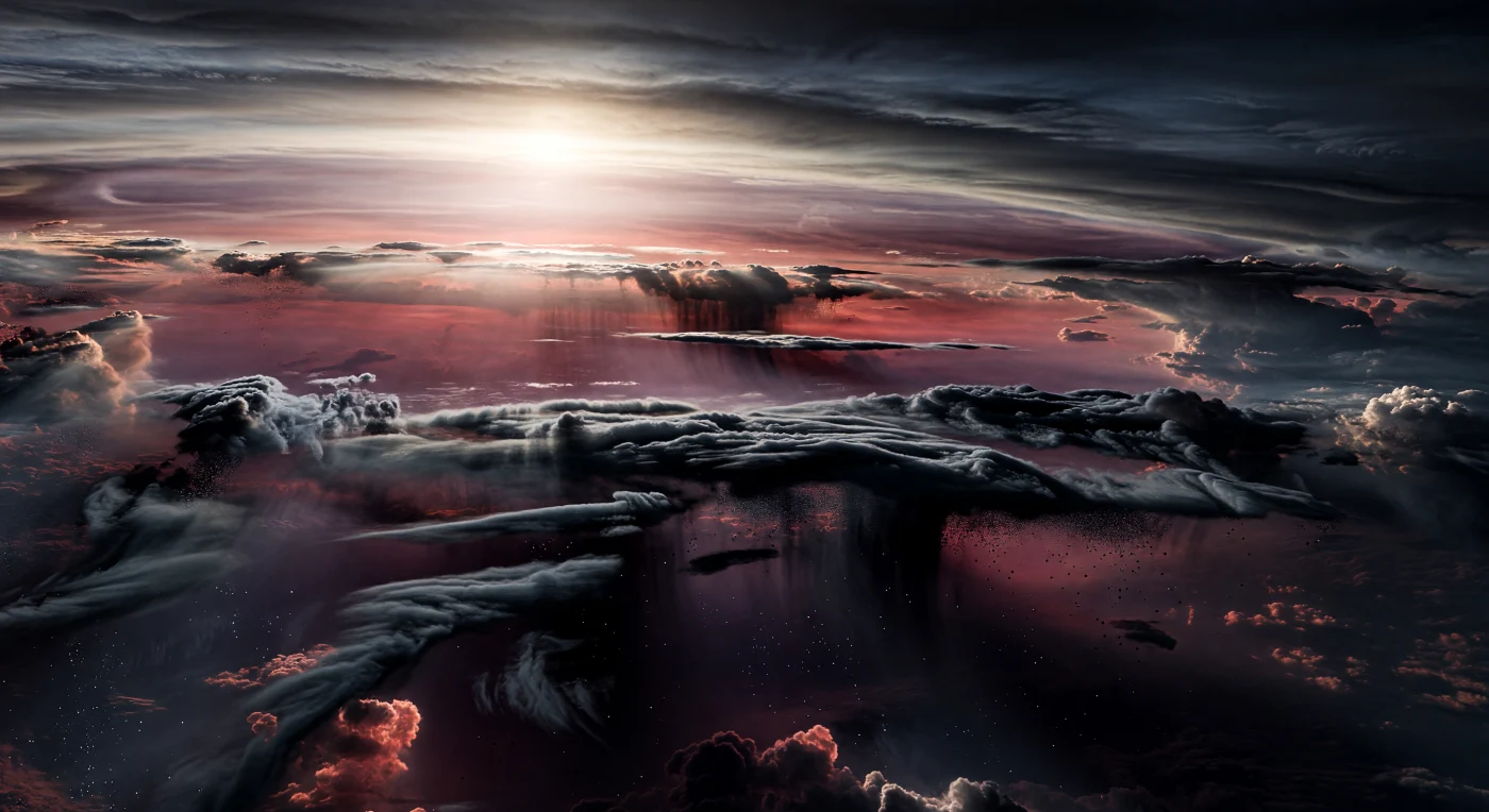 Suspendu dans les hautes couches d’une atmosphère sans sol, le regard se perd entre d’immenses étagères nuageuses couleur canon de fusil et des rideaux noirs et métalliques de gouttelettes de fer liquide qui chutent en stries serrées vers des profondeurs obscures. À l’horizon du côté éclairé, une bande blanche et or, rasante et brûlante, trahit la proximité de l’étoile cachée juste au-delà du terminateur; sa lumière latérale cisèle les bords des nuages, tandis qu’une faible lueur thermique rougeoyante remonte d’en bas et révèle des couches inférieures encore plus chaudes. Ici, sur cette géante gazeuse verrouillée gravitationnellement, le fer peut se vaporiser sous la chaleur extrême du jour puis se condenser dans le crépuscule plus frais, emporté par des vents de plusieurs kilomètres par seconde qui sculptent des vagues de Kelvin-Helmholtz, des filaments cisaillés et d’immenses murs de tempête hauts de centaines de kilomètres. Les brumes violettes, cuivrées et rouge braise, les reflets de chrome noir sur la pluie métallique et la courbure subtile des couches atmosphériques donnent à la scène une ampleur vertigineuse, comme si l’on flottait au bord d’un océan de métal et de feu en perpétuel mouvement.