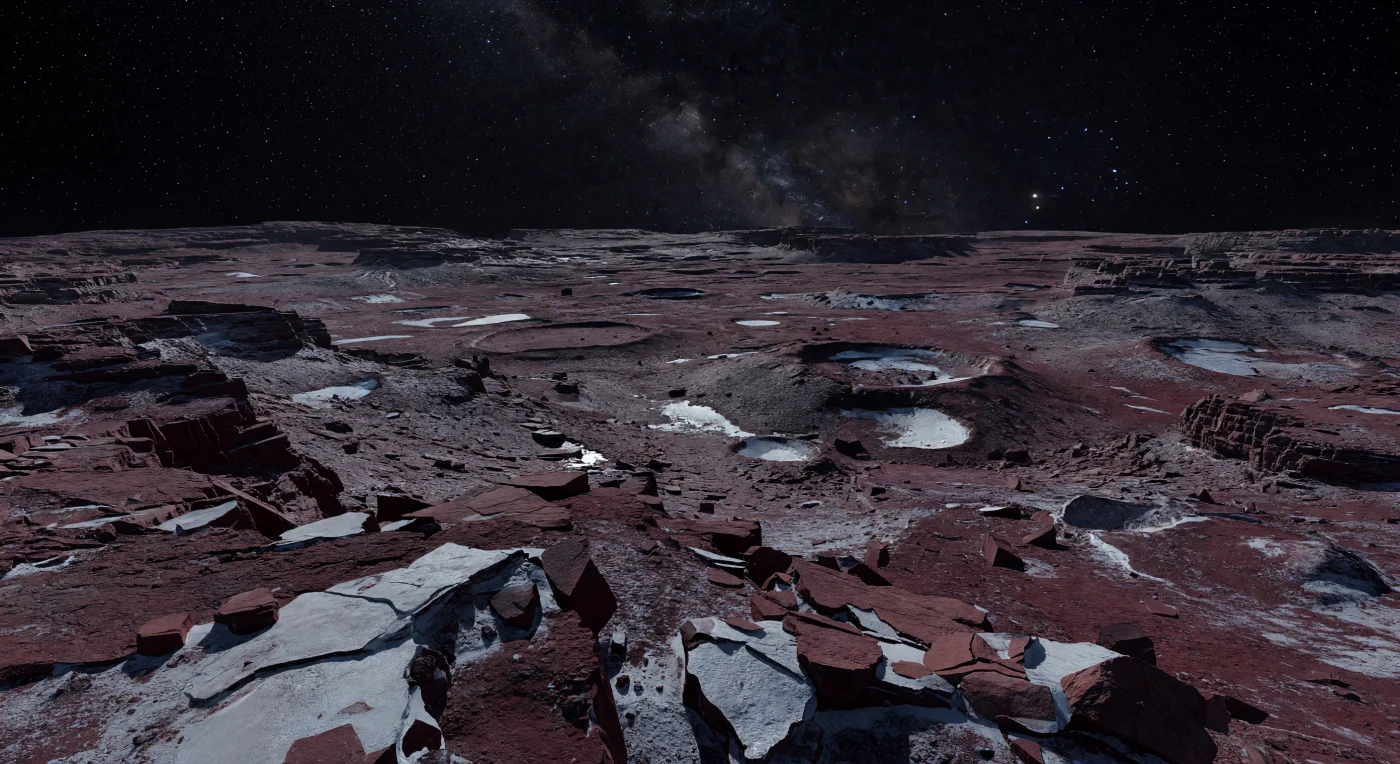 Depuis cette arête élevée, le sol se brise en dalles anguleuses de croûte rouge brun saturée de tholins, piquées de givre pâle de méthane et de glace d’eau qui s’accroche aux crevasses les plus froides. La pente s’effondre vers un immense bassin criblé de cratères, de falaises nettes et d’éboulis blocailleux remarquablement préservés : dans une gravité minuscule et sans atmosphère, presque rien n’émousse ces reliefs, et les cicatrices d’impacts peuvent survivre pendant des milliards d’années. Plus loin, l’horizon se cambre déjà, révélant l’échelle modeste du monde, tandis que des uplands brisés et des escarpements étagés disparaissent non dans une brume absente, mais simplement derrière la courbure. Au-dessus, dans un noir absolu, le Soleil n’est plus qu’une étoile blanche d’une intensité féroce, projetant une lumière froide et dure qui taille des ombres de rasoir, alors que la Voie lactée demeure éclatante — une scène d’isolement extrême, figée à près de 40 kelvins.