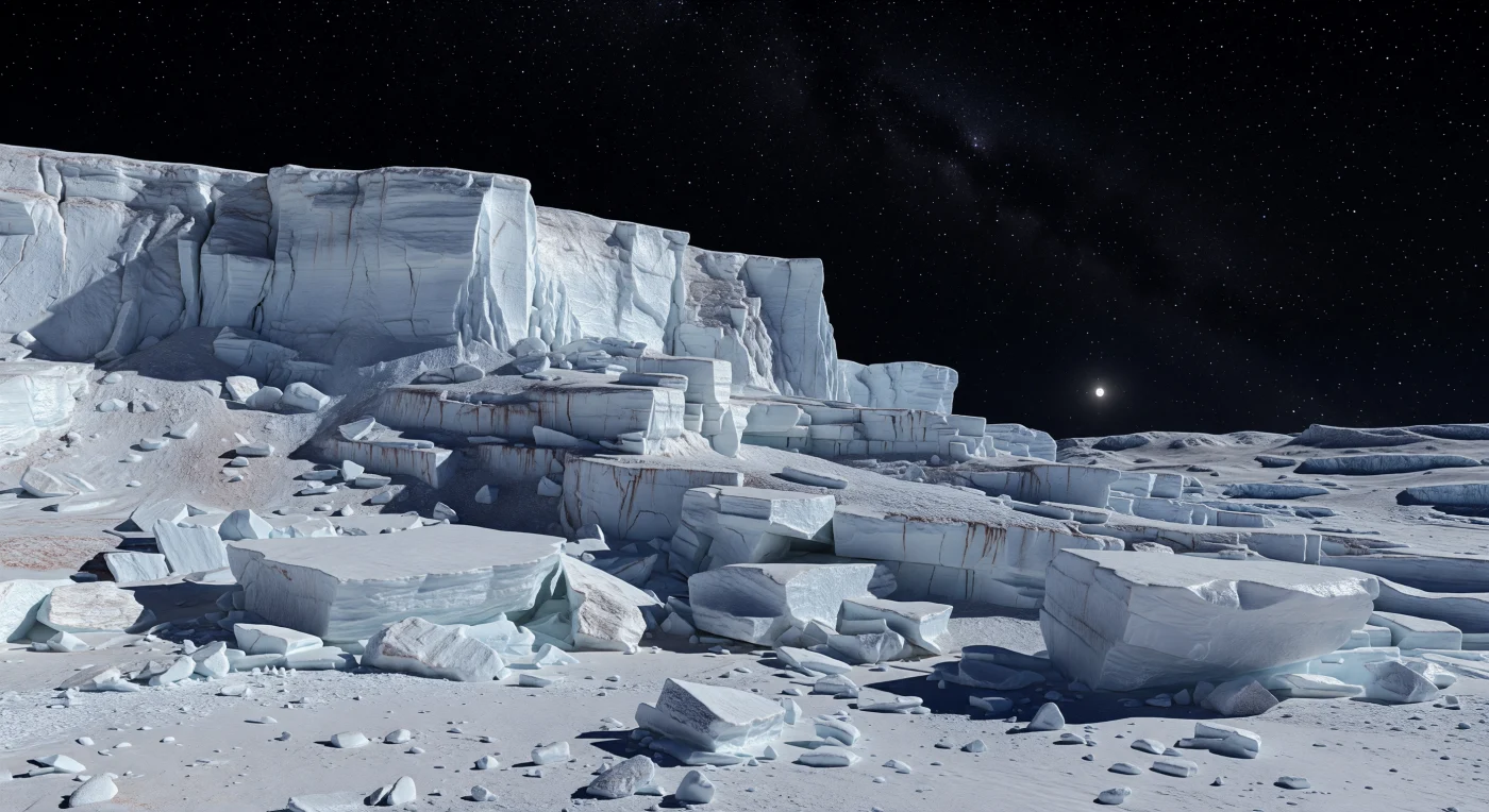 Au pied de cet escarpement de hautes terres, un immense massif de glace d’eau affleure en falaises bleu-blanc déchiquetées, fendu de diaclases verticales, de corniches en surplomb et de terrasses brisées qui dominent un chaos de blocs anguleux saupoudrés de givre. La surface, d’une brillance presque aveuglante là où le Soleil minuscule frappe directement la glace, contraste avec des crevasses d’un noir absolu, tandis qu’un fin régolithe clair mêlé de poussières gelées et de givrages d’azote et de méthane tapisse les replats; dans quelques fissures protégées, de discrètes teintes brun rougeâtre trahissent la présence de tholins organiques altérés par le rayonnement. Ici, le froid extrême, l’absence d’atmosphère et la faible gravité préservent des arêtes vives et des éboulis intacts, sans érosion ni adoucissement, sous un ciel parfaitement noir où les étoiles restent nettes même en plein jour. Face à cet horizon proche, compact, et à ces murailles glacées qui semblent à la fois monumentales et étrangement figées, on a l’impression de se tenir sur un monde silencieux, cristallin, où la lumière elle-même paraît étrangère.