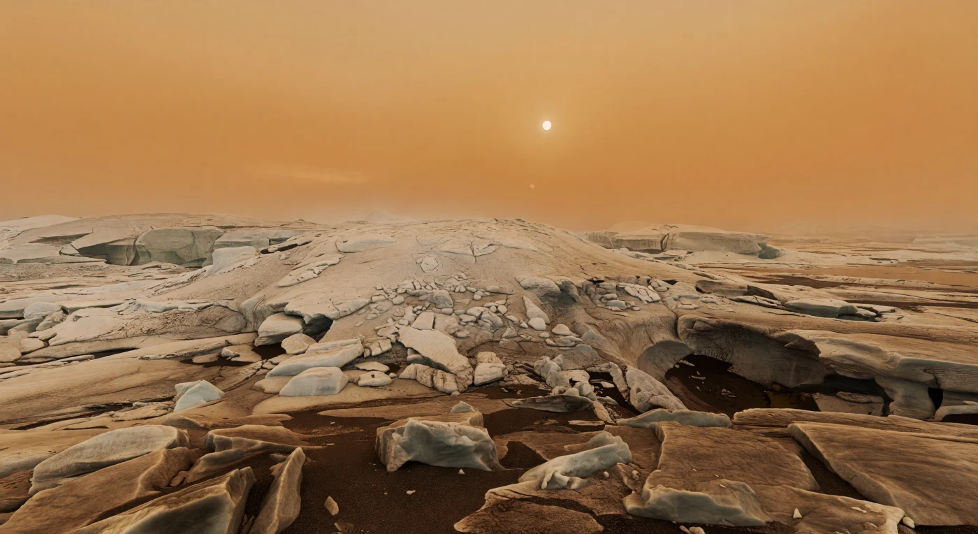 Sous cette voûte épaisse d’un orange ambré, le sol s’étend comme une pierre gelée et étrangère : des sables organiques sombres et une poussière d’hydrocarbures s’accumulent entre des blocs anguleux de glace d’eau, durcie par le froid extrême jusqu’à se comporter comme de la roche. Devant vous se dresse un large dôme pâle et bosselé, entaillé de fractures, de petits reliefs chaotiques et d’escarpements brisés, d’où descendent des nappes lobées rugueuses qui évoquent des coulées figées — peut-être des extrusions cryovolcaniques riches en eau et en ammoniaque, peut-être le produit d’un soulèvement tectonique et d’un resurfaçage encore débattus par les chercheurs. À proximité, des dépressions noires aux parois abruptes s’ouvrent comme des puits d’effondrement, leurs fonds noyés dans des sédiments organiques plus sombres, tandis que des rides, des marges rubblées et de faibles chenaux sur les plaines accentuent l’impression d’un paysage lentement remanié par le gel, la subsidence et la circulation de composés volatils. La lumière, filtrée par l’atmosphère dense riche en azote et en brume photchimique, est faible et diffuse, sans ombres nettes, si bien que tout semble immense, silencieux et suspendu dans un crépuscule permanent.