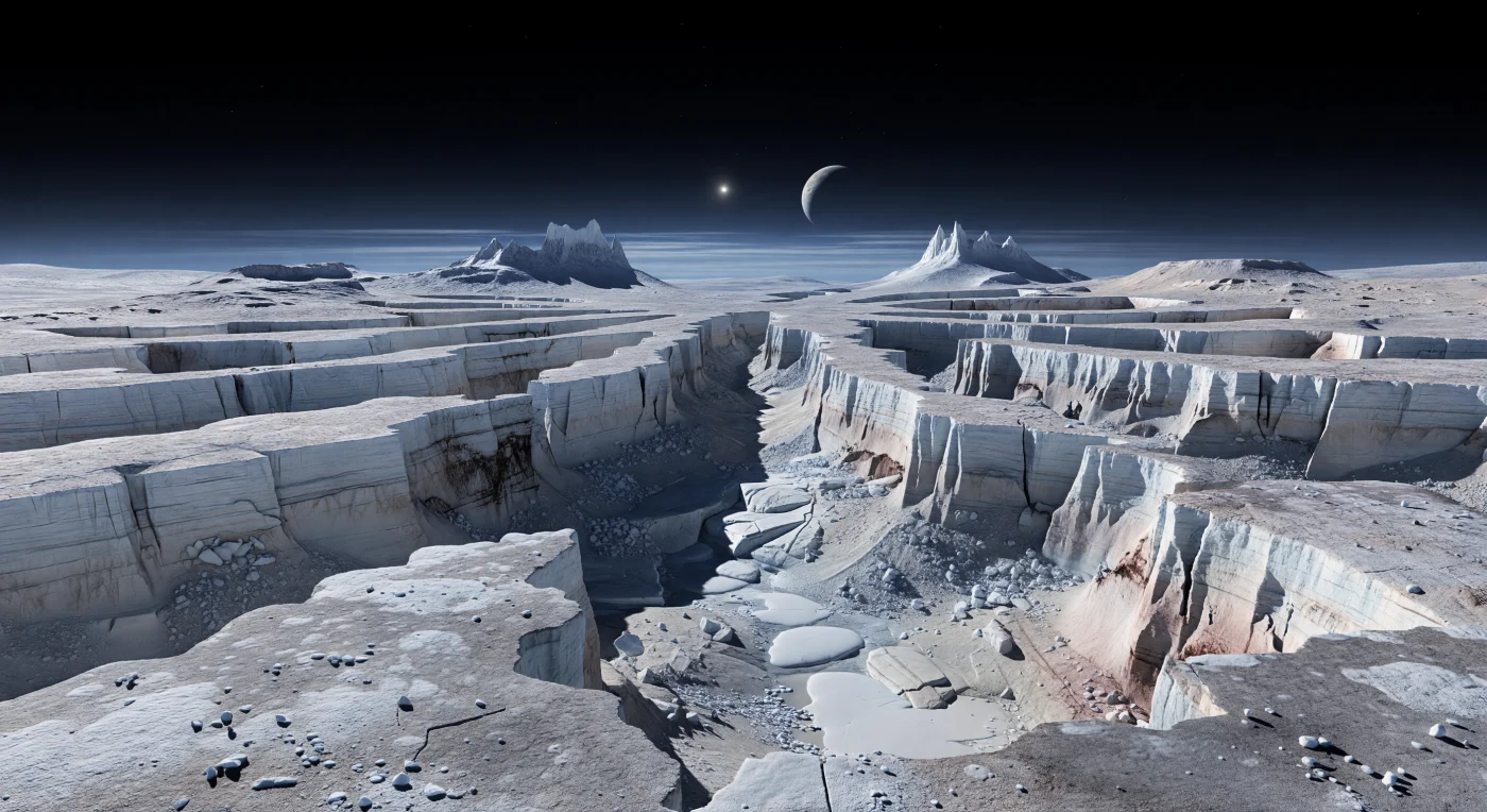 Au bord d’une corniche de glace d’eau dure, le regard plonge dans un système de six canyons immenses qui rayonnent depuis un léger bombement central, comme les rayons figés d’une roue brisée dans la croûte. Leurs parois abruptes, étagées par l’extension tectonique, exposent des couches de glaces volatiles d’azote et de méthane aux tons blanc pâle, bleu laiteux et beige rosé, tandis que des poussières sombres riches en tholins s’accrochent aux replats et aux creux abrités; au fond, englouti dans une ombre tranchante, s’accumulent blocs effondrés, éboulis gelés et langues lisses de glace lente. Ici, le froid extrême et la faible gravité permettent à des reliefs d’une netteté saisissante de se dresser très haut, avec au loin des montagnes de glace d’eau aux arêtes vives, sous un ciel presque noir traversé près de l’horizon par de fines strates de brume bleutée dans une atmosphère d’azote extraordinairement ténue. Le Soleil, minuscule et dur comme une étoile, projette une lumière faible mais précise qui fait scintiller les pentes givrées et accentue l’échelle démesurée de ce paysage tectonique, silencieux et étrangement lumineux.