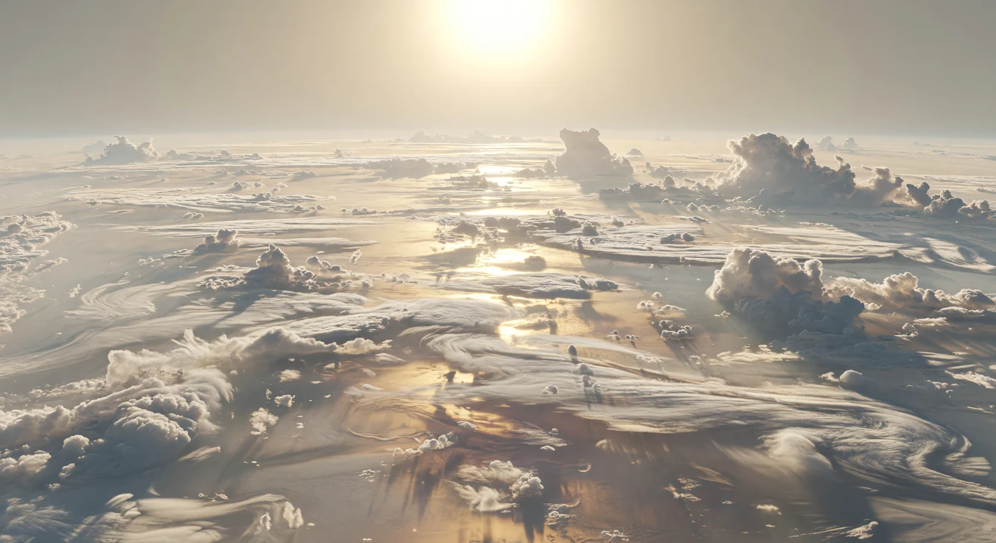 Sous un astre F7 gigantesque suspendu presque au zénith, dix fois plus large que notre Soleil en apparence, le ciel se dissout en un éclat blanc-or si intense qu’il semble effacer toute profondeur, tandis qu’au-dessous s’étendent, sans aucun sol ni rivage, des plaines nuageuses courbées par la rotondité de la planète. Les couches supérieures de l’atmosphère, gonflée et fortement irradiée, roulent en vastes strates lisses mais furieusement agitées, aux reflets de crème argentée, de laiton pâle et de cuivre très discret, où la brume chargée de vapeurs métalliques — notamment de fer vaporisé et d’autres éléments réfractaires — diffuse la lumière en un éclat dur, presque liquide. D’immenses cellules convectives, larges de centaines à milliers de kilomètres, se soulèvent comme des enclumes de vapeur, entaillées de couloirs turbulents et de remous cisaillés par des vents de plusieurs kilomètres par seconde, tandis que la chaleur extrême déforme le lointain en mirages vacillants. On a l’impression de flotter au-dessus d’un océan de métal devenu nuage, dans un monde sans surface où la météo elle-même est la géologie, façonnée en permanence par une irradiation implacable et une atmosphère d’une violence presque inimaginable.