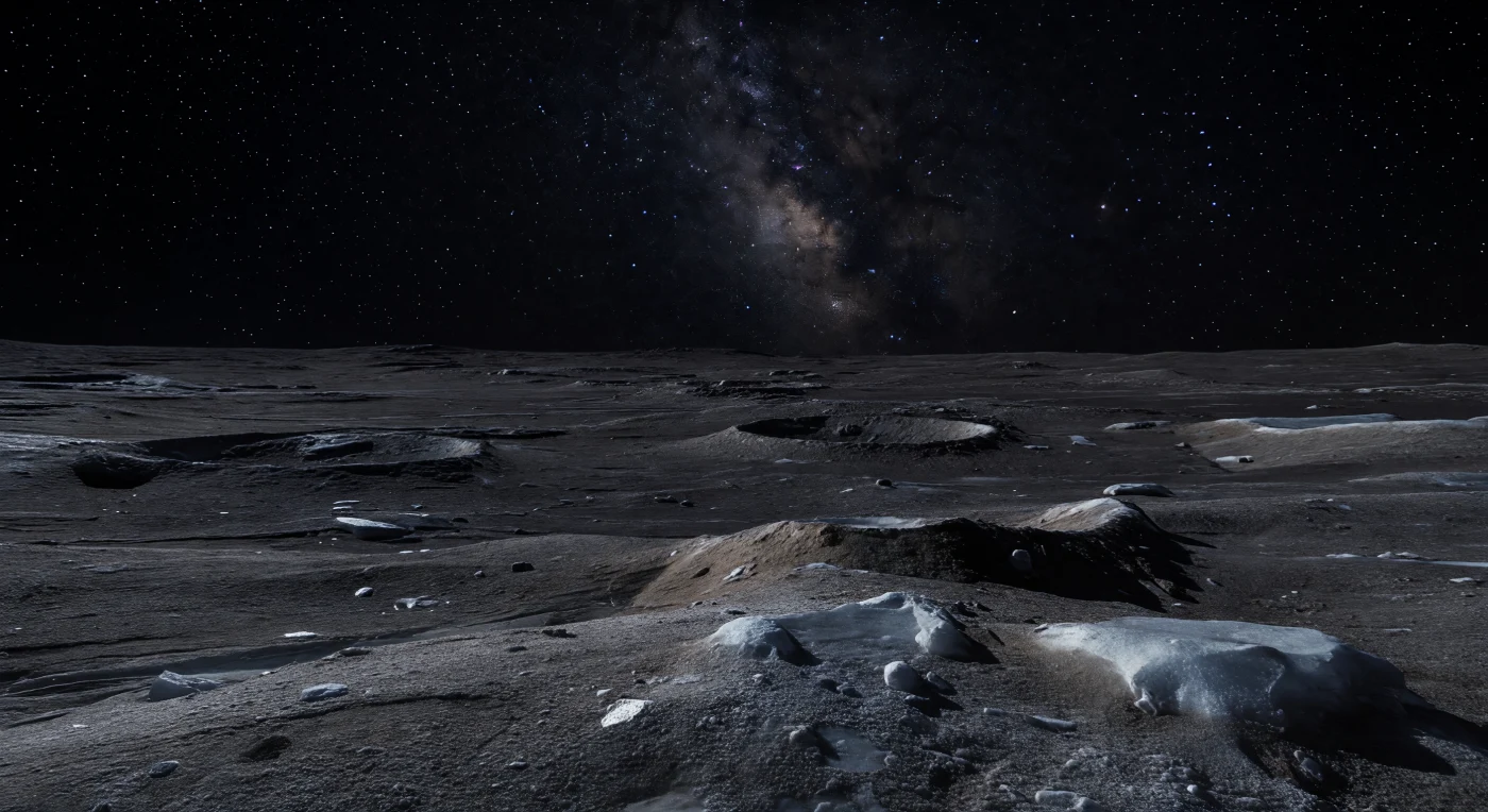 Sous un ciel d’un noir absolu, la plaine ancienne n’apparaît presque que par indices: un sol gris brun chargé de glace d’eau altérée par le rayonnement, des grains poudrés de givre, des éclats anguleux mêlés au régolithe silicaté et de faibles bourrelets arrondis hérités d’innombrables impacts. Ici, l’absence totale d’atmosphère, de vent et d’eau liquide a figé le paysage pendant des milliards d’années, de sorte que les micro-cratères, les crêtes de rebord émoussées et de discrètes fractures tectoniques à demi ensevelies subsistent dans une netteté froide, simplement adoucie par le lent jardinage d’impact en faible gravité. La seule lumière vient des étoiles: de rares reflets bleu argenté accrochent la glace exposée tandis que l’immense majorité du terrain se noie dans l’ombre, et au-dessus, la Voie lactée déploie ses nuées serrées et ses veines sombres avec une précision presque douloureuse. À hauteur du sol, face à ces textures minuscules qui s’éteignent dans une plaine criblée de cratères, on ressent toute l’échelle de ce désert gelé — intime sous les pieds, mais perdu dans une nuit cosmique sans horizon lumineux.