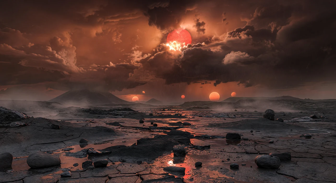 Depuis une plaine rocheuse proche du point sous-stellaire, on contemple une immensité de basalte sombre, géologiquement jeune, luisant sous de minces films de pluie et des flaques miroirs qui soulignent des fractures polygonales de refroidissement, des blocs noirs arrondis et de bas reliefs de lave boursouflée. Au loin, des silhouettes de volcans-boucliers et de terrasses de coulées s’effacent dans une brume chaude et humide, tandis que de fins chenaux de ruissellement serpentent entre les roches et que des rideaux de pluie tombent d’un centre orageux permanent perdu à l’horizon. Au-dessus, l’épaisse canopée nuageuse d’une atmosphère substantielle mais non écrasante s’embrase soudain lorsqu’une éruption stellaire illumine l’étoile fixe : sa lueur rouge orangée, plus vive, se diffuse sous les nuages en tons de rouille, d’ambre et de marron fumé, faisant étinceler le basalte humide de reflets cuivrés aux contrastes un peu plus nets. Par instants, à travers des déchirures du couvert, d’autres mondes apparaissent comme de larges disques lumineux suspendus bas dans le ciel, accentuant l’étrangeté majestueuse de ce paysage volcanique sans fin, modelé par la chaleur, l’eau et une météo perpétuellement ancrée sous son soleil immobile.