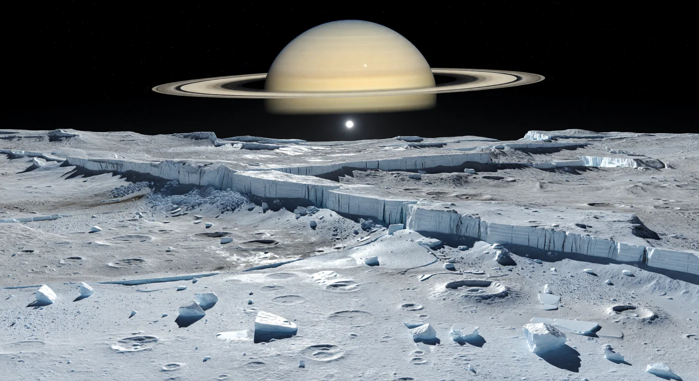 Voor je strekt zich een verblindend helder landschap van waterijs uit, waar grof puin, hoekige blokken en met rijp beklede keien liggen verspreid over oude, grijswitte vlakten vol overlappende inslagkraters. Dwars door dit oeroude terrein snijden de beroemde “wispen” als enorme tektonische littekens: steile breukwanden, glanzende ijsrichels en brede, gefragmenteerde banden waarin vers blootgelegd ijs blauwachtig oplicht tegen donkerder, door straling verweerd oppervlaktemateriaal. In de bijna perfecte leegte van een uiterst ijle exosfeer is alles messcherp zichtbaar — de harde, kleine zon werpt zwarte, scherp begrensde schaduwen, terwijl de zwakke weerkaatsing van een reusachtige geringde planeet een tweede, spookachtige gloed over de ijswanden legt. Door de zeer lage zwaartekracht blijven kliffen opvallend steil en puinhellingen hoekig, zodat het voelt alsof je staat op een bevroren wereld waar inslagen, breuken en ruimteweer al miljarden jaren een koud, monumentaal archief in ijs hebben uitgehouwen.