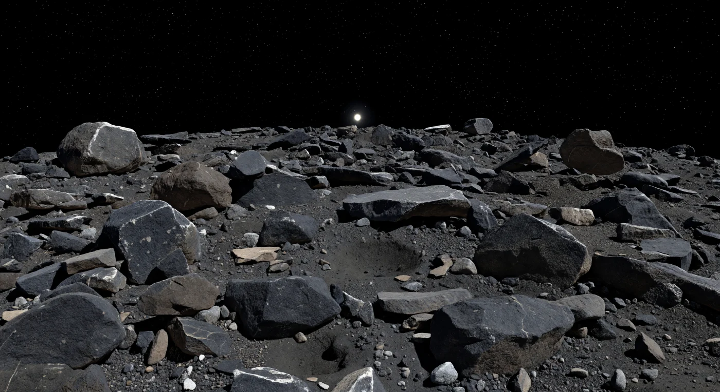تمتد أمامك ساحة فوضوية من الصخور الزاوية السوداء والرمادية، حيث تتكدس كتل متشققة وحصى خشن وجيوب من الثرى الداكن فوق سطح مطفأ يمتص معظم الضوء، ثم لا يلبث الأفق أن يهبط بسرعة في انحناء واضح يكشف ضآلة هذا العالم كله. تبدو وجوه الصخور الخشنة كأنها فتات متلاحم من مادة كربونية بدائية، تتخللها أحيانًا عروق رفيعة أفتح لونًا ونقاط باهتة تشير إلى معادن مميهة كُشف عنها الكسر والارتطام، بينما تنتشر حفر ضحلة وشظايا مقذوفة فوق تضاريس منخفضة توحي ببروز استوائي تشكّل مع الدوران البطيء وتراكم الأنقاض. بعض الجلاميد التي يبلغ عرضها عدة أمتار تستقر على نقاط تماس ضئيلة بصورة تكاد تكون مستحيلة، لكنها هنا شهادة مباشرة على جاذبية بالغة الضعف وبنية «كومة أنقاض» هشة تمسكها الجاذبية الذاتية بالكاد. وفوق هذا المشهد يعلو فراغ أسود حالك بلا غبار ولا غيوم ولا أي تليين للضوء، فتسقط أشعة الشمس القاسية بظلال سوداء حادة تحت كل حجر، وكأنك تقف على بقايا محفوظة من فجر النظام الشمسي، صلبة وساكنة وغريبة على نحو مدهش.