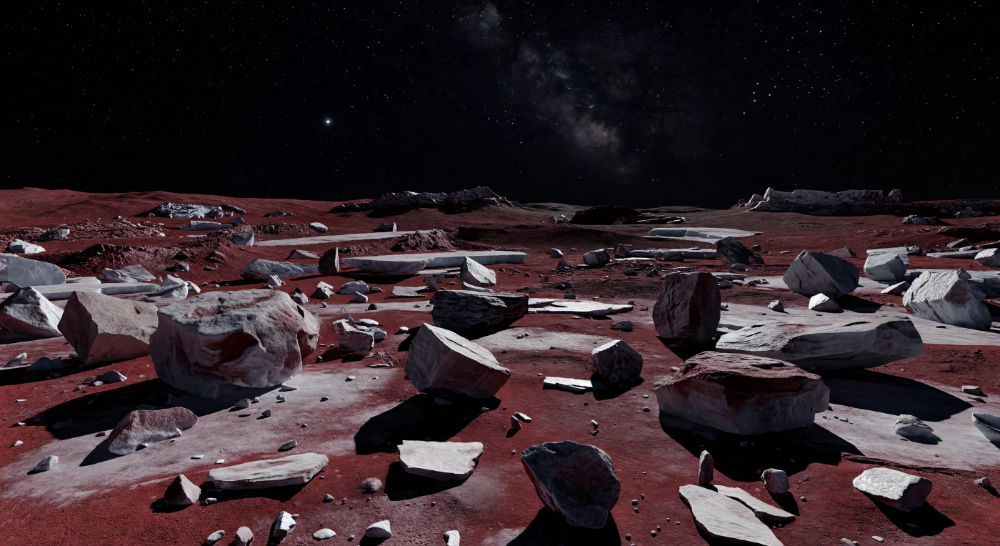 Devant vous s’étend un vaste tablier d’éjectas figé depuis des milliards d’années, où d’énormes blocs anguleux gris-blanc et bordeaux, arrachés par un ancien impact hors champ, reposent de façon presque impossible sur une croûte grenue d’un rouge profond. Dans cette gravité très faible, ces masses parfois hautes comme des maisons ou des falaises ont pu conserver des arêtes vives, des inclinaisons précaires, des rainures balistiques et des éclats gelés que nulle atmosphère, nul vent ni aucune eau n’est venu adoucir; les teintes sombres proviennent probablement de tholins, des composés organiques irradiés, tandis que les cassures plus claires révèlent une glace fraîche. La lumière du Soleil, réduit ici à une étoile éclatante dans un ciel noir absolu, est si faible et si dure qu’elle découpe sous chaque rocher des ombres en coin d’une netteté irréelle, avec par endroits un léger scintillement sur les faces glacées. Entre les rides bosselées des dépôts d’impact, les dalles à demi enfouies et les plaines rouge vin qui ondulent jusqu’aux lointains escarpements, tout respire un froid extrême d’environ 40 K, une immobilité parfaite et une immensité étrangère où le temps semble presque arrêté.