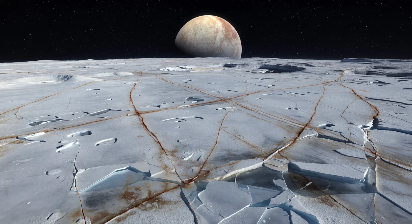 Sous un ciel d’un noir absolu criblé d’étoiles, une immense plaine de glace blanche argentée et de givre bleuté s’étire jusqu’à un horizon doucement courbé, traversée de longues lineae brun rougeâtre, de doubles crêtes, de fossés étroits et de plaques de glace disloquées figées dans une croûte lisse. La seule lumière vient du géant qui domine le ciel, si vaste qu’il baigne le sol d’une lueur froide argentée mêlée de reflets crème et ambrés, faisant scintiller les faces polies de la glace tandis que les ombres, dans le quasi-vide, restent profondes et tranchantes. Ici, rien n’est liquide en surface : tout est glace d’eau, saumures gelées, poussières sombres et fractures tachées de sels et de minéraux, indices d’une coquille glacée sans cesse travaillée à l’échelle continentale par les forces de marée. À vos pieds, le givre granuleux et les fissures ocres paraissent minuscules, mais au loin les bandes perturbées, les terrains chaotiques bosselés et une faible dépression d’impact se perdent dans la nuit, donnant à ce désert gelé une grandeur silencieuse et presque irréelle.
