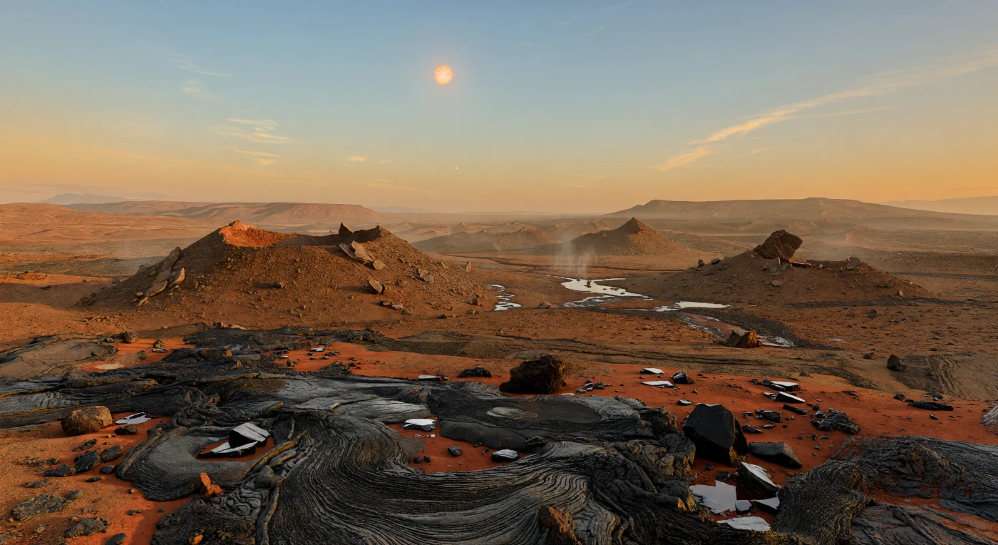 À hauteur du sol, l’étendue semble infinie : une croûte de lave pahoehoe noire à gris charbon ondule en cordes luisantes, plissée de bourrelets de pression, de lobes effondrés et de fragments basaltiques vésiculaires, où s’accrochent par endroits des poussières volcaniques rouge rouille et quelques éclats sombres à l’aspect vitreux. Plus loin, de bas cônes de scories brun rouge et des remparts de projections émergent de la plaine, tandis que de minces fumerolles translucides rampent sous une atmosphère plus dense, éclairées par une étoile naine orange de type K, visible comme un disque orange-blanc un peu plus petit que notre Soleil et projetant des ombres dorées, douces et atténuées. Les teintes du ciel passent d’un cyan pâle au zénith à une brume ambrée près de l’horizon, effet crédible de la diffusion atmosphérique et d’aérosols volcaniques en suspension, qui adoucissent aussi les reliefs lointains. Dans ce décor sans eau ni végétation, les plaines de lave étagées et les hautes terres en bouclier au loin suggèrent un monde rocheux plus vaste, à la gravité légèrement supérieure à celle de la Terre, où le volcanisme basaltique a façonné un paysage austère, immense et profondément étranger.