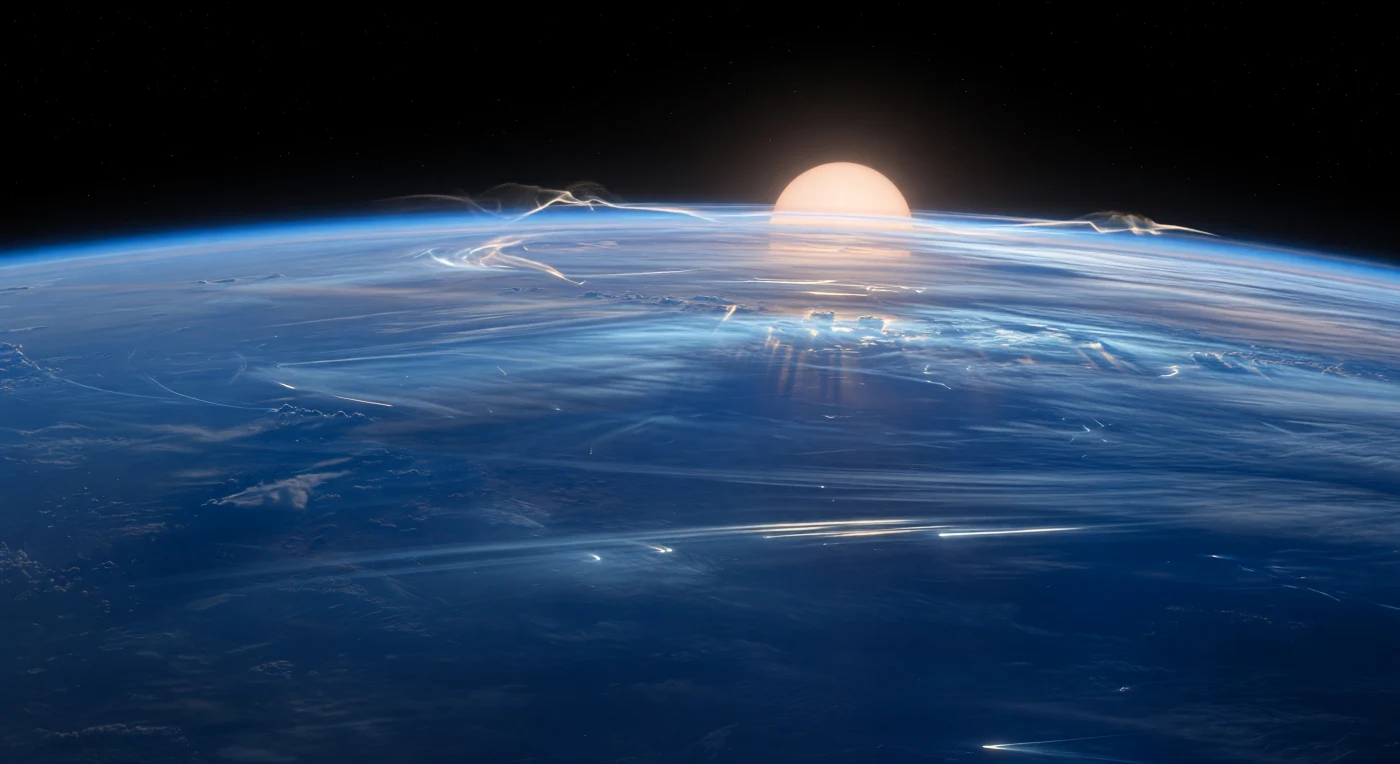 Suspendu dans les couches extrêmes de l’atmosphère, on ne voit aucun sol — seulement l’immense courbure d’un monde gazeux qui s’enfonce en strates de cobalt, de saphir et de bleu nuit, zébrées de brumes minérales, de bandes étirées et de vagues turbulentes cisaillées par des vents supersoniques. Au loin, sur le limbe de l’aube permanente, une gaine exosphérique d’un bleu électrique virant au blanc ultraviolet se détache dans le vide noir, comme une peau lumineuse arrachée par l’irradiation stellaire, tandis que de fins filaments ionisés et des panaches d’échappement s’évasent dans l’espace. Plus bas, la lumière rasante révèle des voiles de silicates condensés et de lointaines traînées luisantes de précipitations de silicates en fusion, soufflées horizontalement à travers les nuages, rappelant que cette teinte bleue n’a rien d’océanique mais naît de la diffusion et des aérosols minéraux. À l’horizon, l’étoile hôte, énorme disque orange-blanc déformé par la brume translucide, incendie le bord de l’atmosphère d’un liseré ambré et baigne toute la scène d’une clarté chaude, irréelle, à l’échelle colossale d’une planète sans surface.