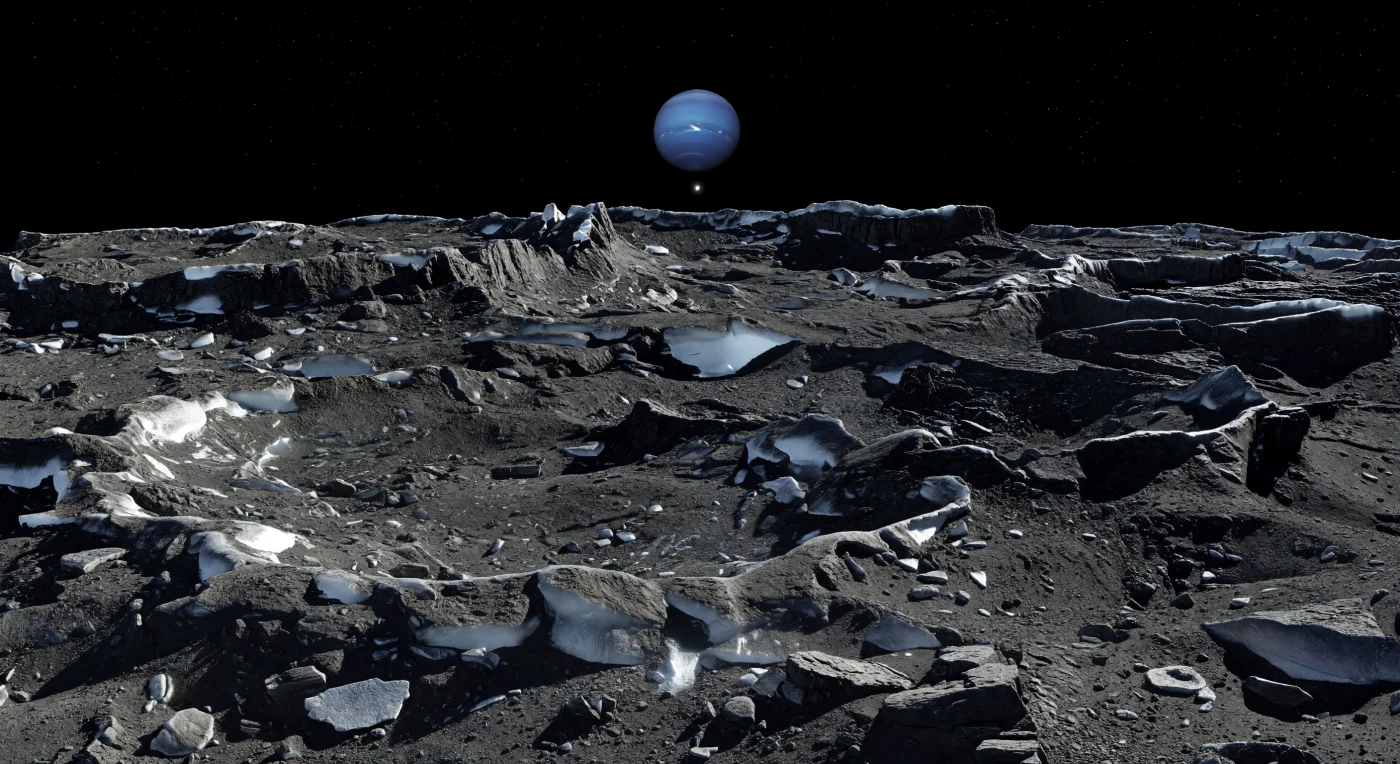 Devant vous s’étend un chaos de hautes terres dentelées, où des bords de cratères fusionnés dressent des arêtes aiguës, des selles abruptes et des massifs bosselés au-dessus d’un sol de glace d’eau brisée, mêlée de matériaux rocheux plus sombres et riches en carbone. La surface, presque noire comme du graphite, est lacérée de fractures, de brèches et d’éboulis anguleux figés sous une gravité extrêmement faible, tandis que quelques cassures récentes révèlent des plans plus clairs de glace propre, pâle et légèrement bleutée, qui captent la lumière rasante du Soleil lointain. Dans ce monde sans air, aux ombres longues et tranchantes, le ciel reste noir même en plein jour, piqué d’étoiles, et l’immense disque bleu lumineux de la planète voisine domine l’horizon subtilement courbé, rappelant la petite taille de cet astre irrégulier d’à peine 420 kilomètres de diamètre. Chaque relief raconte ici une histoire de bombardement ancien, de croûte glacée mécaniquement robuste et de froid extrême, donnant l’impression de se tenir au sommet d’une forteresse de glace et de roche sculptée par des impacts sur des milliards d’années.