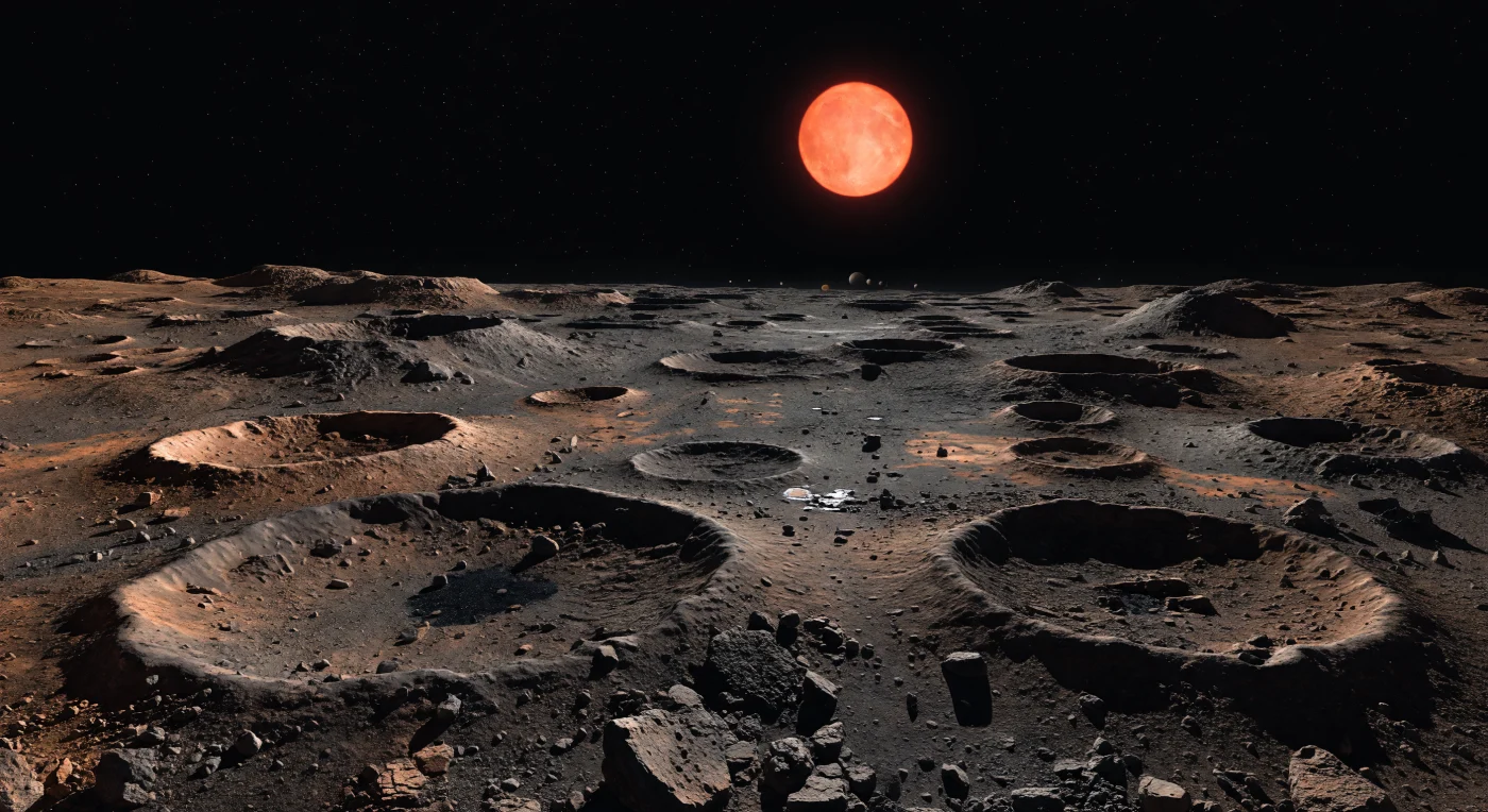 Sous vos pieds s’étend un haut plateau déchiqueté, saturé de cratères qui se recouvrent les uns les autres, où des rimayes d’impact bréchifiées, des terrasses effondrées et de vastes nappes d’éjectas anguleux sculptent une surface de basalte gris charbon, de poussière brun rouille et de verre de fusion figé. Dans ce monde rocheux presque dépourvu d’atmosphère, la lumière rouge-orangé d’une petite étoile naine, énorme dans le ciel noir absolu, tombe sans diffusion ni voile : chaque bloc projette une ombre d’un noir dur, et l’intérieur des cratères plonge dans une obscurité presque totale. Les textures minérales apparaissent avec une netteté brutale — dalles fracturées, brèches d’impact, champs de blocs et régolithe mince — témoignant d’un bombardement ancien et d’une surface peu remaniée par l’érosion, faute d’air, d’eau ou de météo. À l’horizon dentelé, des chaînes de cratères, des crêtes soulevées et quelques buttes isolées se perdent dans la distance, donnant à ce paysage irradié une grandeur silencieuse, figée, presque écrasante.
