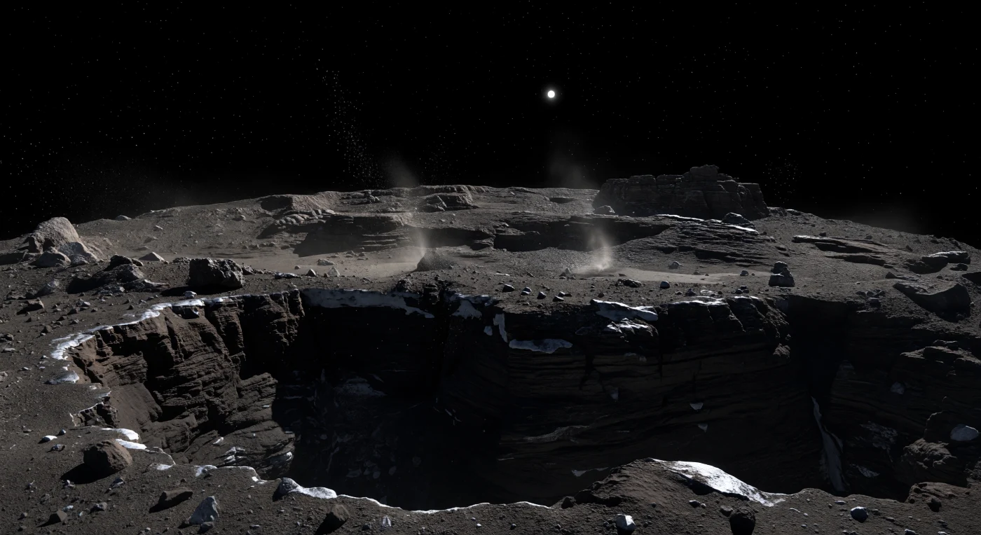 Depuis le bord d’un escarpement profondément sapé, une croûte presque noire, mate et friable, riche en composés organiques, s’avance au-dessus d’un vide englouti dans une obscurité totale, tandis que, juste en face, le terrain retombe déjà sous un horizon étonnamment courbe, trahissant la petitesse extrême du noyau. Le sol, couvert de poussière sombre, de strates cassantes, de fractures polygonales, de blocs anguleux et de petites plaques éclatantes de glace d’eau souillée, révèle un monde très poreux où les glaces volatiles se subliment au Soleil, soulevant parfois des grains et alimentant de fins jets de gaz et de poussière. En l’absence complète d’atmosphère, le ciel demeure noir d’encre même en plein jour, les étoiles restent visibles et la lumière solaire, plus dure et plus faible qu’au voisinage de la Terre, découpe des ombres d’une netteté implacable. On a l’impression de se tenir au bord d’un fragment gelé, fragile et actif, suspendu dans le vide, où chaque falaise abrupte et chaque particule flottante rappellent qu’ici la gravité est si faible que le paysage semble à la fois minuscule, précaire et infiniment étranger.