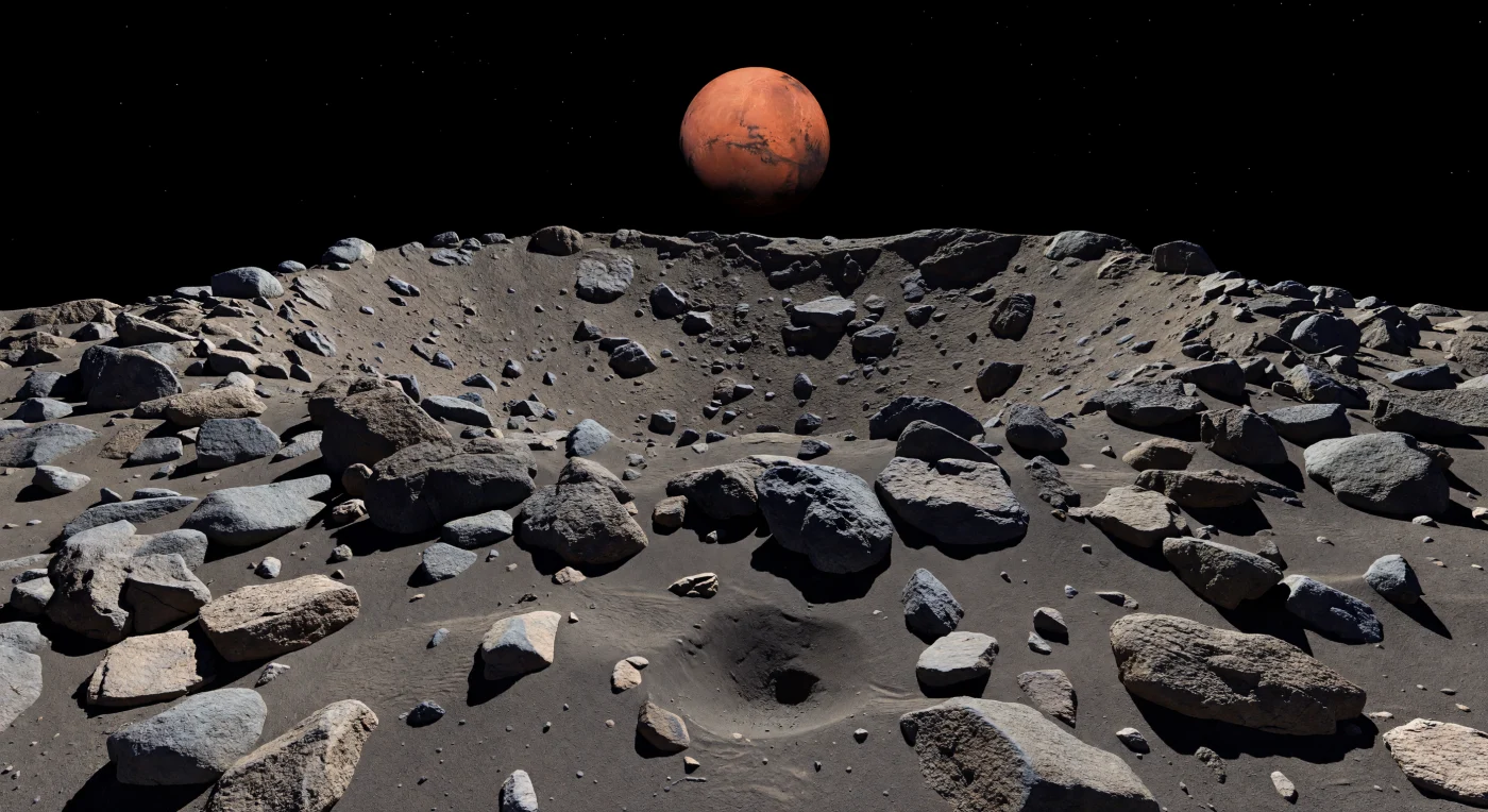 Au pied de la paroi interne d’un petit cratère d’impact, un chaos de blocs anguleux de un à plusieurs mètres encombre le sol, leurs faces brisées, sombres et poreuses évoquant une roche primitive de type chondrite carbonée, pulvérisée par d’anciens chocs. Entre ces masses noirâtres s’étend un régolithe plus clair, poussiéreux et meuble, où l’on distingue de fines dérives granuleuses, de petites traînées d’éboulement et un tri subtil des débris sur la pente, modelés dans une gravité si faible que les matériaux se déplacent et s’accumulent autrement que sur une planète. Sous un ciel de vide parfaitement noir, la lumière solaire, plus dure et plus crue qu’au voisinage de la Terre, découpe sous chaque rocher des ombres d’une netteté absolue, tandis que les creux du cratère sombrent presque dans l’obscurité totale. Au loin, l’horizon extrêmement bas et brutalement courbé révèle l’exiguïté de ce monde irrégulier, et l’immense disque rougeoyant de Mars suspendu dans le ciel donne à cette scène minérale une présence à la fois austère, vertigineuse et profondément étrangère.