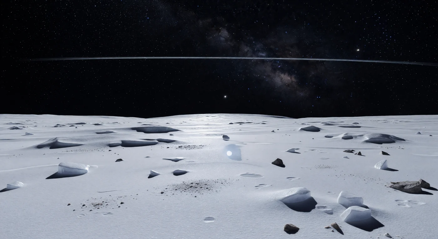 Sous vos pieds s’étend une vaste plaine gelée d’une blancheur presque irréelle, faite de glace d’eau cristalline si réfléchissante qu’elle capte la faible lueur bleu argenté de Hiʻiaka et le discret éclat de l’anneau, donnant au sol un miroitement froid sur des micro-crêtes figées, de petites cuvettes de sublimation et une croûte de givre durci. Quelques blocs anguleux de glace et de matériau plus rocheux, rares et largement espacés, se dressent comme des silhouettes noires, projetant des ombres nettes dans ce vide sans atmosphère, tandis que l’horizon, tout proche et fortement courbé par la faible gravité et la petite taille du monde, accentue l’étrangeté de l’espace. Au loin, de basses rides brillantes et d’antiques dépressions d’impact adoucies par des milliards d’années de redistribution de givre balistique rompent à peine la platitude, témoignage d’une surface presque immobile et préservée depuis des ères. Au-dessus, dans un ciel noir absolu où aucune diffusion atmosphérique ne vient troubler la vue, l’anneau traverse la nuit comme un fil d’argent parfaitement tranché, la Voie lactée flamboie parmi d’innombrables étoiles fixes, et le Soleil lui-même n’est plus qu’un point éclatant perdu dans l’obscurité.