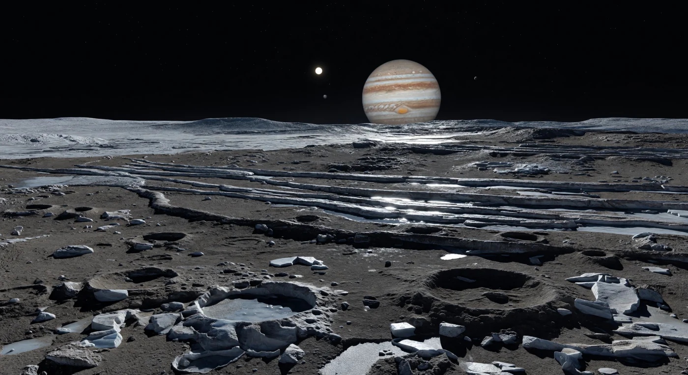 Devant vous s’étend une plaine glacée d’une ancienneté extrême, sombre et bosselée, où un régolithe noir charbon et brun gris, mêlé de glace d’eau souillée et de fragments rocheux, est labouré par d’innombrables cratères aux rebords émoussés par les impacts répétés, la sublimation et le lent remaniement de surface. Des blocs anguleux ourlés de givre pâle, des brèches glacées fracturées, de faibles crêtes et des dépressions peu profondes captent une lumière solaire lointaine, plus faible qu’à la Terre mais d’une dureté implacable, qui taille des ombres d’un noir net dans ce monde sans air. Plus loin, les hautes terres obscures sont recoupées par des bandes plus claires de reliefs rainurés, où des failles parallèles et des escarpements linéaires révèlent une glace plus propre, témoin d’une croûte de glace et de roche remodelée au fil d’une longue histoire tectonique. Au-dessus de l’horizon, l’énorme disque strié de la géante voisine semble presque immobile dans le ciel noir constellé d’étoiles, donnant à cette étendue silencieuse une grandeur écrasante, comme si l’on se tenait au bord figé d’un paysage façonné par des milliards d’années de froid, de vide et de bombardement cosmique.