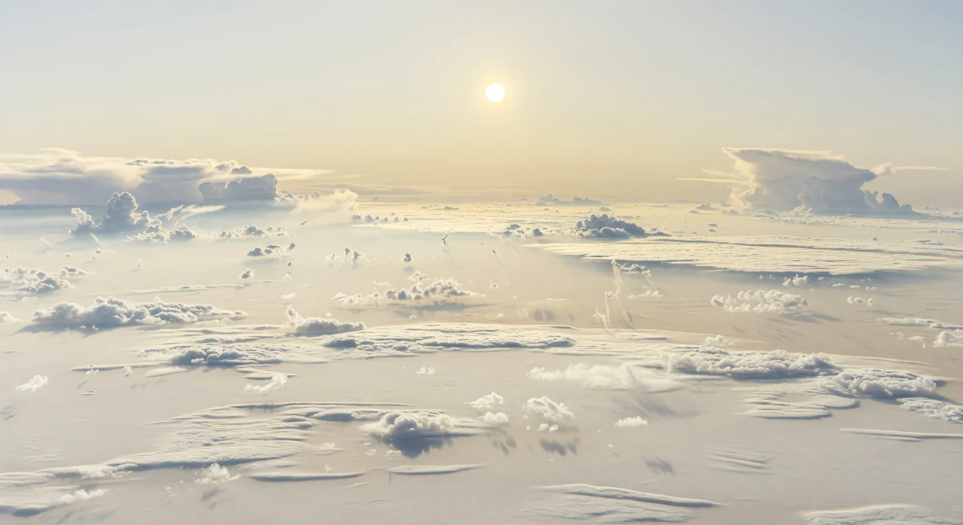Depuis un observatoire flottant juste à l’intérieur du pont supérieur de nuages d’ammoniac, on contemple une immense plaine crème et blanc cassé qui ressemble à une banquise doucement plissée, alors qu’il ne s’agit en réalité d’aucun sol, mais d’une surface continue de matière nuageuse dense. De faibles crêtes, des creux peu profonds, des rouleaux festonnés et de fines traînées de cisaillement dessinent un relief atmosphérique sculpté par les courants rapides, tandis que quelques bandes beige plus sombres laissent deviner des couches plus profondes sous la couverture d’ammoniac glacé située vers ,5 à ,7 bar. Au loin, d’énormes murailles nuageuses et des dômes convectifs se fondent dans une brume ambrée, sous un ciel jaune-blanc laiteux où le Soleil, bien plus petit que vu depuis la Terre, n’est qu’un disque intensément brillant diffusé par les aérosols, projetant seulement des ombres douces et gris bleuté. La légère courbure de l’horizon et l’absence absolue de roche, d’océan ou de relief solide rendent la scène vertigineusement étrangère: ici, le paysage tout entier est une météo figée en apparence, suspendue dans l’atmosphère d’un monde géant.