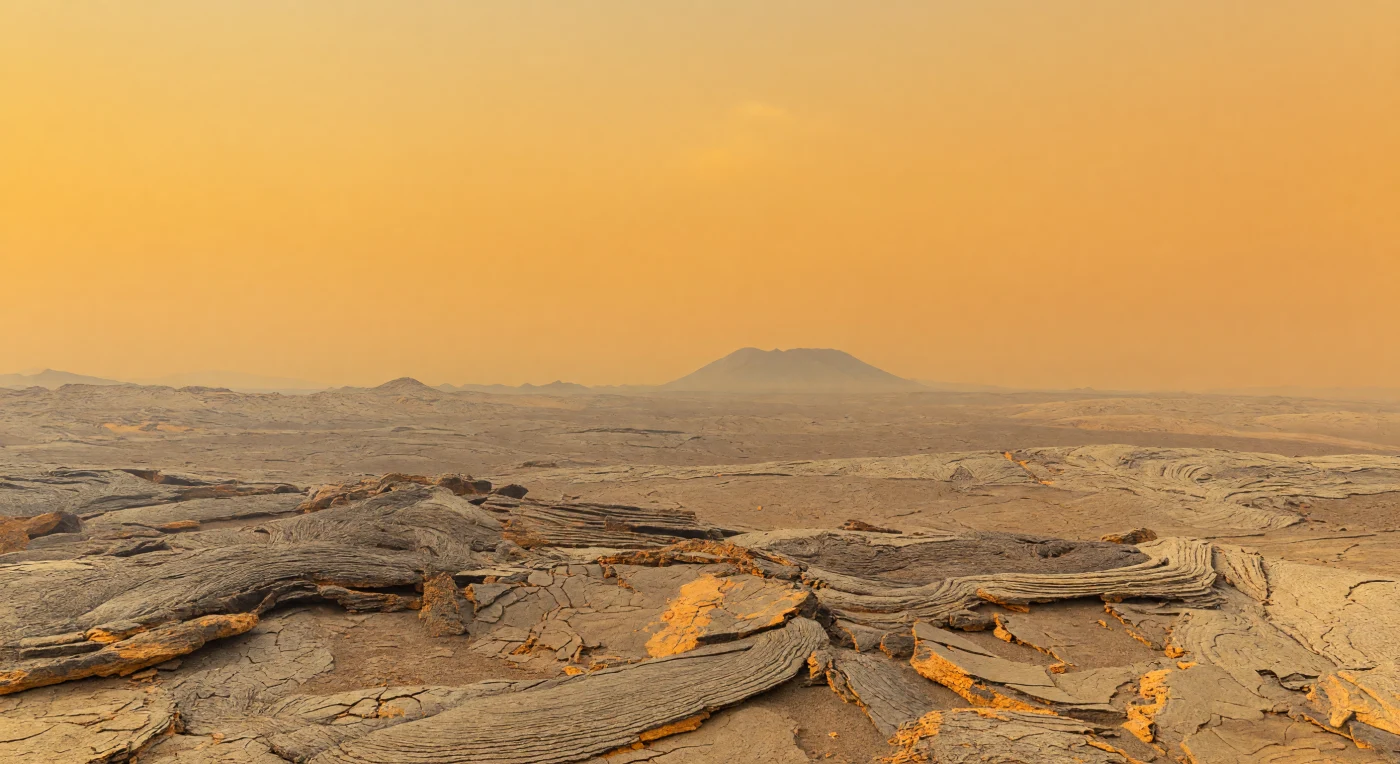 Devant vous s’étend une plaine volcanique presque sans relief, un pavement de basaltes fracturés en dalles anguleuses et craquelées, dont les teintes gris brun sont baignées d’une lueur orange ambrée par l’atmosphère épaisse. À travers la brume jaunâtre, un sommet sombre se dessine à peine à deux ou trois kilomètres, réduit à une silhouette floue par l’opacité de l’air chargé en dioxyde de carbone et surmonté d’un ciel uniforme, gris-jaune, sans Soleil visible. Cette surface correspond à d’anciennes coulées de lave refroidies, marquées par des rides de compression, des fissures polygonales et une altération chimique lente sous une pression écrasante d’environ 90 fois celle de la Terre et à des températures assez élevées pour transformer le paysage en fournaise géologique. La lumière, diffuse et presque sans ombres, enveloppe tout d’une clarté étrange d’environ 14 000 lux, donnant à l’horizon une présence lourde et silencieuse, comme si l’air lui-même pesait sur chaque pierre.