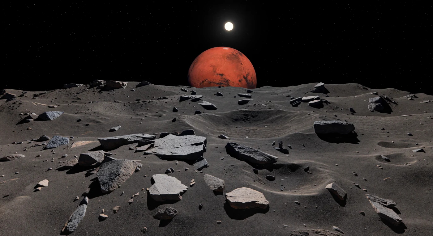 À ras du sol, une plaque chaotique de blocs anguleux perce le manteau habituellement lisse de régolithe sombre : des roches primitives riches en matériaux carbonés et des brèches d’impact y montrent des cassures gris plus clair, tranchantes, émergeant d’une poussière brun-charbon parsemée de petits éclats. Le relief paraît modeste mais fragile, avec des micro-cratères à demi comblés, de faibles bosses drapées de débris meubles et des blocs délicatement perchés qui trahissent une gravité presque inexistante, où les éboulements s’effondrent à peine et où les bords des cratères restent étonnamment nets. Sous un Soleil plus petit et plus dur, n’apportant qu’environ 43 % de l’éclairement reçu sur Terre, chaque pierre projette une ombre noire, sans adoucissement atmosphérique, dans un vide absolu où le ciel reste noir et piqué de quelques étoiles. Et au-dessus de cette étendue minuscule de gravats figés par les impacts, l’énorme disque rouille de Mars suspend sa présence, donnant à ce désert de poussière et de roche fracturée une grandeur saisissante malgré son échelle intime.