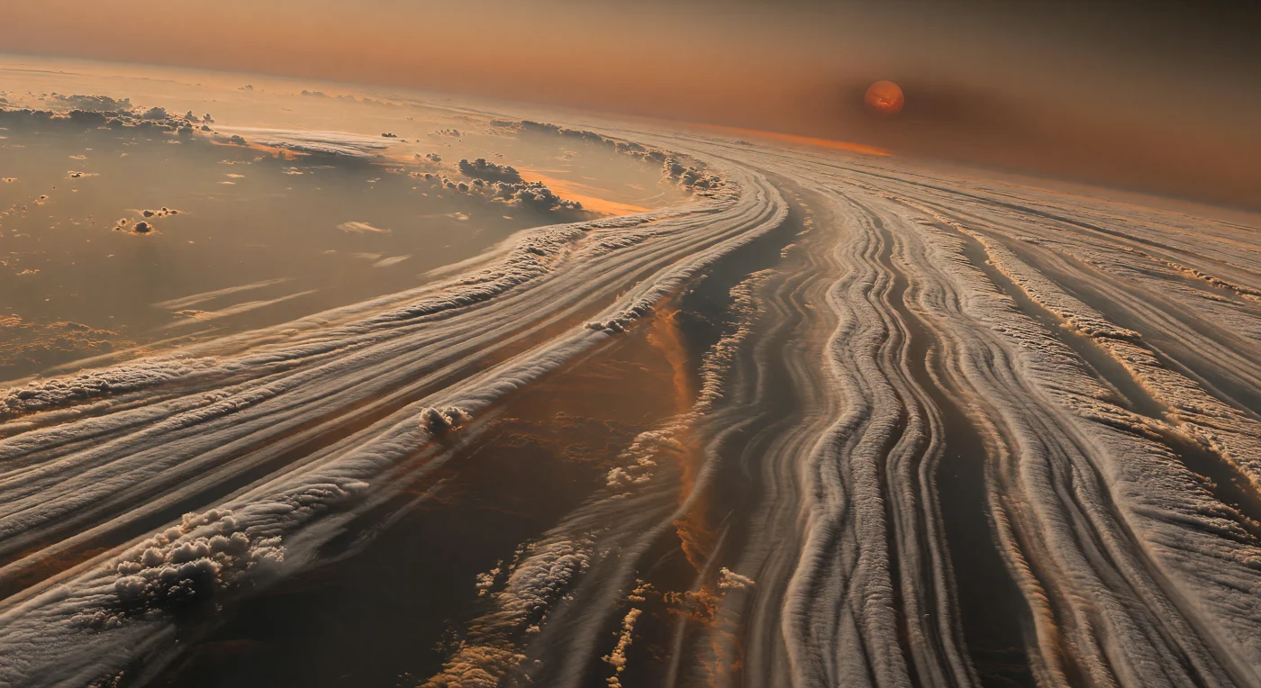 Ici, aucun sol ne vient arrêter le regard : on flotte au cœur d’un immense corridor de jets où des bancs nuageux gris-beige, taupe sourd et cuivre bruni sont étirés en filaments interminables, en draperies lisses, en vagues cisaillées et en longs couloirs de tourbillons qui fuient jusqu’à un horizon englouti par la brume. Cette architecture fluide trahit une atmosphère épaisse dominée par l’hydrogène et l’hélium, enrichie en méthane et en dioxyde de carbone, où des vents zonaux en superrotation sculptent les couches condensées et les brouillards photochimiques en motifs rappelant des instabilités de cisaillement à l’échelle de centaines de kilomètres. Entre les rubans, des trouées plus sombres laissent deviner des strates ambrées qui plongent vers un abîme de pression, avec la possibilité d’un océan global enfoui bien trop loin sous ces nuées pour être aperçu. À travers la haze brun-roux, l’étoile hôte n’est plus qu’un large disque rouge-orangé diffus, étiré en une lueur fauve près de l’horizon, baignant toute la scène d’une clarté chaude et assourdie qui donne à cette immensité atmosphérique une majesté étrangère, lourde et sans rivage.