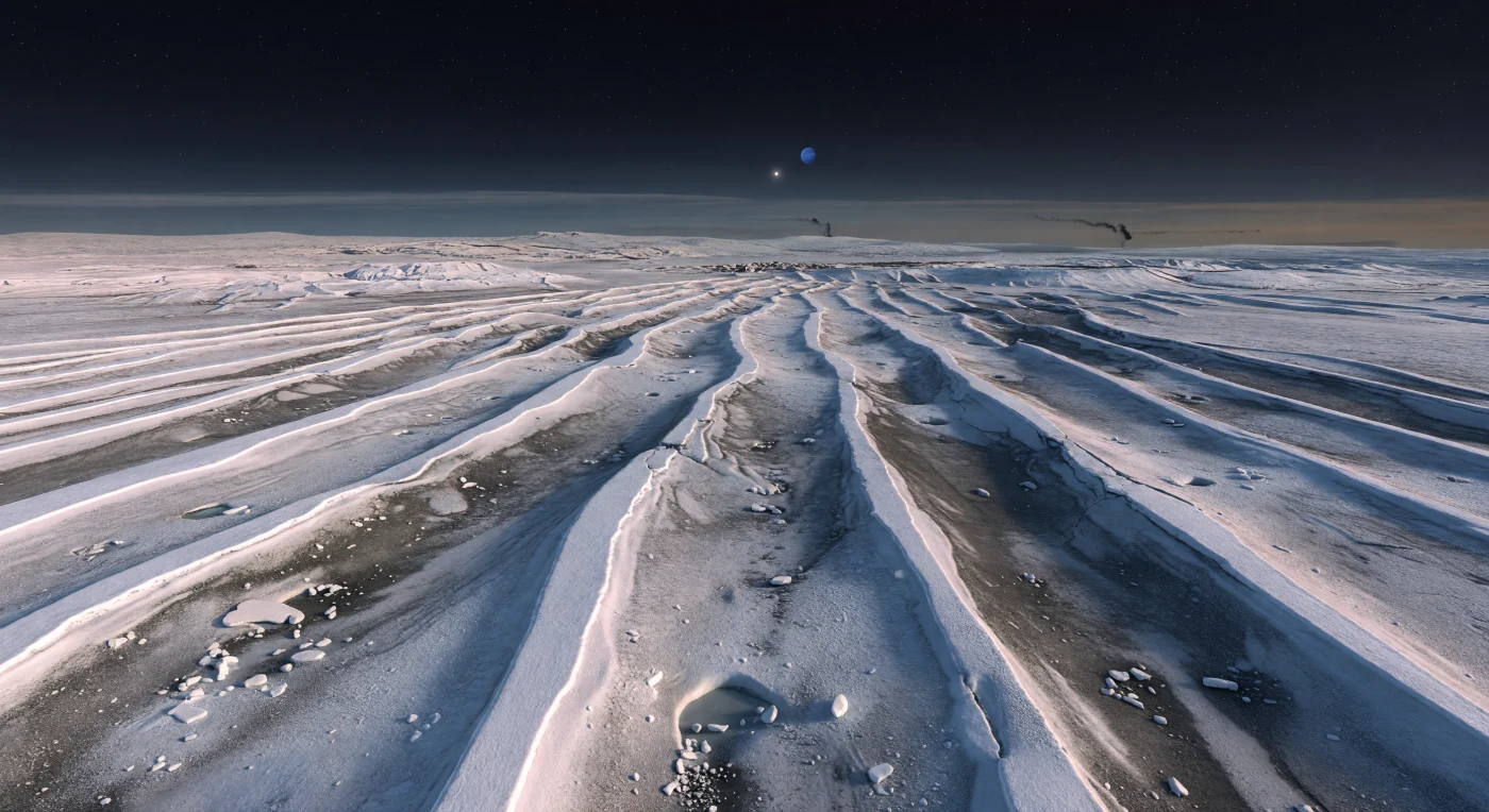 Devant vous, un vaste haut plateau de glace d’eau déformée s’étire jusqu’à l’horizon en longues rides presque parallèles, séparées par des sillons bleu ardoise où affleurent une glace plus sombre, des poussières rocheuses et des dépôts photochemiques assombris. Les crêtes, abruptes et nettes sous la faible gravité, sont poudrées d’un givre éclatant d’azote et de méthane, tandis que des fractures recoupantes, de petites marches de faille, quelques cuvettes d’impact peu profondes et des blocs épars de croûte brisée révèlent un paysage façonné par des contraintes tectoniques dans une enveloppe glacée active. Sous un ciel presque noir, adouci près de l’horizon par un voile de brume bleutée à brun pâle, un Soleil minuscule projette une lumière rasante d’une précision saisissante, alternant bandes blanches lumineuses et ombres bleu-gris profondes, pendant qu’un petit disque bleu de Neptune flotte bas au loin. Rien ici n’est liquide : dans ce froid extrême, les glaces volatiles migrent, se condensent et peuvent même alimenter de lointaines traînées laissées par des geysers saisonniers, donnant à cette étendue silencieuse une étrangeté monumentale, comme si l’on se tenait sur la peau fissurée d’un monde capturé entre roche, givre et nuit.