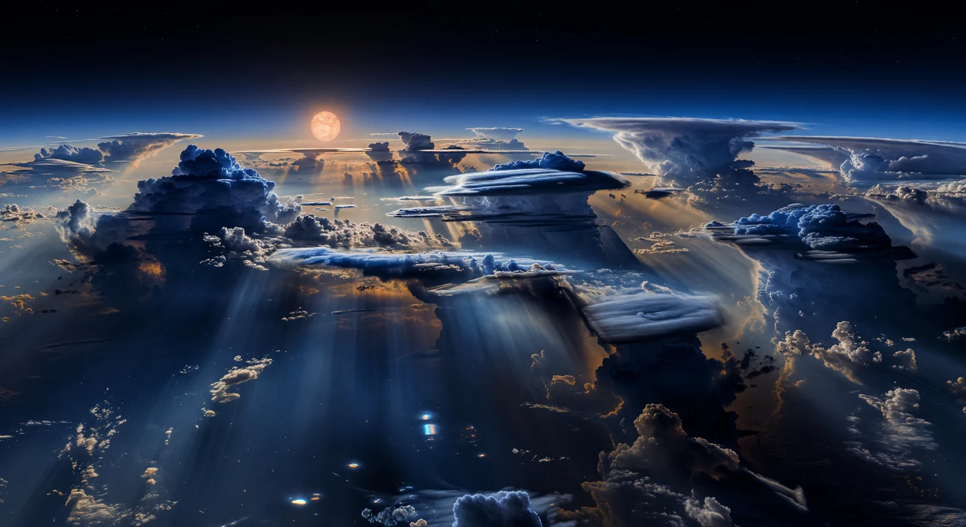 À la frontière immobile entre le jour et la nuit, on ne voit aucun sol, seulement un abîme d’atmosphère où d’immenses murailles nuageuses bleu-noir s’élèvent sur des centaines de kilomètres au-dessus d’une mer opaque de brume saphir et anthracite. Le disque énorme de l’étoile, bas sur l’horizon éclairé, baigne les flancs exposés d’une lueur ambrée orangée, tandis que l’autre moitié du ciel bascule du cobalt à l’indigo puis au noir, et les tours d’orage projettent à travers la brume des ombres latérales gigantesques qui révèlent leur échelle de continent. Ces colonnes convectives, sculptées par des vents supersoniques, sont striées de couches de condensats silicatés et déchirées par des cisaillements violents; entre elles pendent des rideaux de pluie de silicates fondus, soufflés presque à l’horizontale dans une atmosphère surchauffée. La teinte bleue profonde n’évoque pas de l’eau, mais la diffusion de la lumière par les brumes et particules de verre en suspension, donnant à ce paysage sans surface l’allure saisissante d’une tempête éternelle suspendue dans le crépuscule.