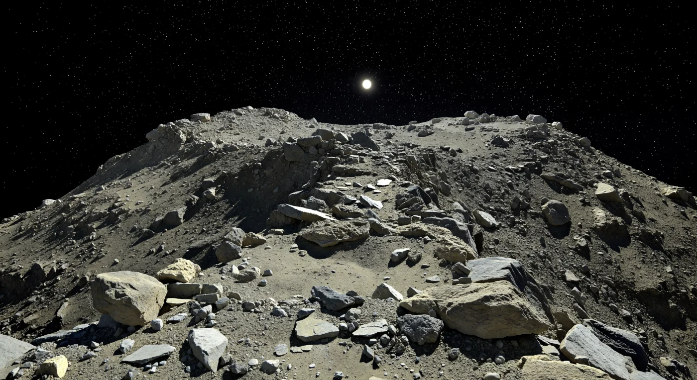 Depuis cette arête étroite hérissée d’éclats rocheux, le sol semble se dérober presque aussitôt des deux côtés, comme si l’on dominait d’un seul regard une grande part de ce minuscule monde aux deux lobes, avec ses pentes d’éboulis, ses creux noyés d’ombre et son horizon qui se courbe à une distance irréelle. Au premier plan, des blocs anguleux, des dalles de roche chondritique fracturée, des graviers grossiers et des poches de régolithe beige gris s’accrochent dans les creux, certains fragments paraissant posés en équilibre impossible sous une gravité si faible qu’un simple élan pourrait les faire dériver. La lumière solaire, dure et blanche dans le vide absolu, arrache des reflets aux grains silicatés et aux rares paillettes métalliques, tandis que les faces exposées brillent en tons pierre, tan et brun olive, opposées à des ombres noires, nettes comme des gouffres. Plus loin, de modestes reliefs hauts de quelques dizaines de mètres ne sont que des amas chaotiques de débris, et les zones plus lisses où le régolithe a migré vers les bas-fonds adoucissent de petits cratères, révélant un paysage de « tas de gravats » cosmique à la fois fragile, violent et profondément étranger sous un ciel noir semé d’étoiles immobiles.