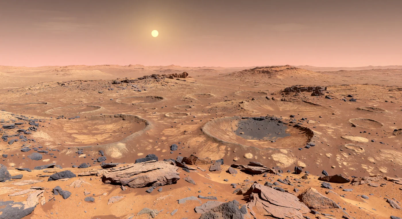 Depuis une crête rocheuse des hautes terres australes, le regard se perd dans un entrelacs presque infini de cratères antiques, leurs rebords émoussés, leurs rides d’éjectas adoucies et leurs dépressions peu profondes se succédant sur des kilomètres jusqu’à se dissoudre dans une brume rosée. Au premier plan, un régolithe rude mêle blocs anguleux de basalte et brèches d’impact, dalles fracturées, poussière rouge orangée chargée en oxydes de fer, galets sombres et minces nappes de sable fin piégées dans les creux. Ce paysage est la mémoire brute de milliards d’années de bombardement, d’altération physique et d’érosion sous une atmosphère très ténue dominée par le dioxyde de carbone, où la faible gravité laisse aux crêtes lointaines un relief étonnamment net sous la lumière froide d’un petit Soleil d’après-midi. Sous un ciel clair mais poussiéreux, dégradé du rose fauve près de l’horizon à un saumon brunâtre plus sombre au zénith, chaque ombre allongée accentue le silence minéral et l’immensité austère de ce monde figé.