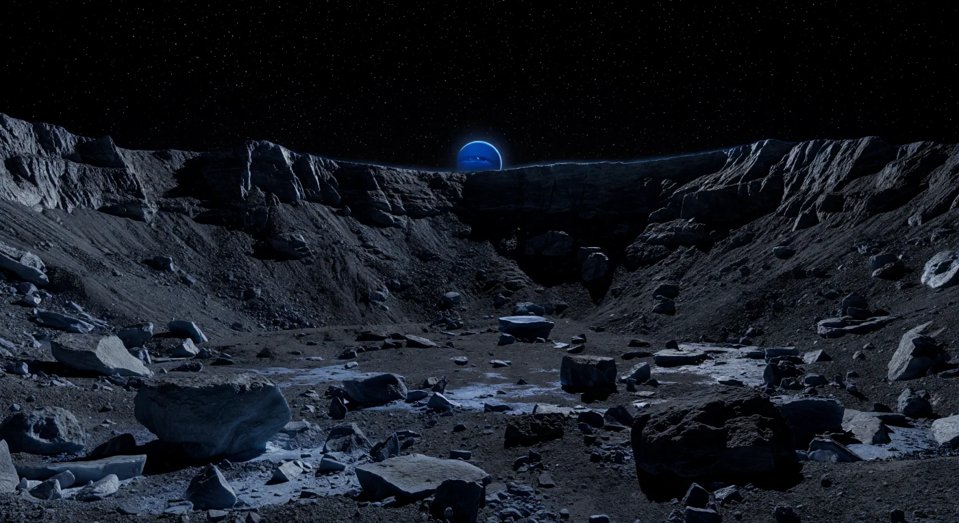 Au fond de ce cratère polaire plongé dans une obscurité presque permanente, le sol apparaît comme un chaos de blocs anguleux, d’éboulis glacés et de régolithe noir charbon, à peine relevé par quelques plaques de givre bleu-gris qui se sont accumulées dans les creux les plus froids. Les parois abruptes, taillées dans une croûte de glace d’eau mêlée de matériaux silicatés et riches en carbone, portent les marques nettes d’un monde sans air et à très faible gravité : corniches fracturées, terrasses d’effondrement, petits cratères secondaires et longues pentes d’éboulis restées intactes pendant des âges. Au-dessus du rebord, un immense disque bleu profond suspendu dans le ciel noir étoilé diffuse une lueur froide qui effleure à peine le relief, faisant ressortir çà et là une facette de glace ou une tache de givre, tandis que l’absence totale d’atmosphère laisse les ombres d’une noirceur absolue. Malgré la petite taille de cet astre, l’échelle est saisissante : des blocs grands comme des maisons jonchent le premier plan et le rempart du cratère se dresse très haut, révélant un paysage glacé, sombre et extraordinairement rugueux, figé dans le silence du vide.
