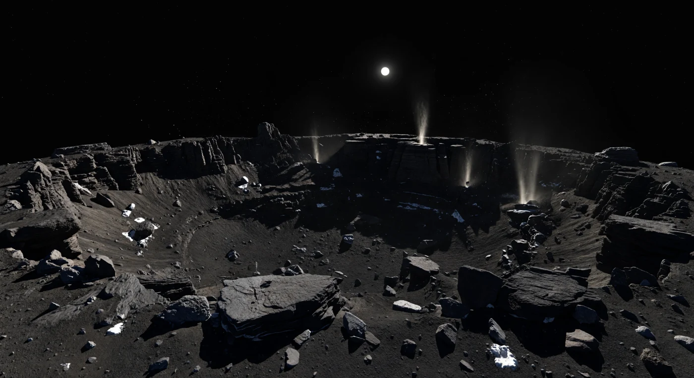 Depuis le rebord déchiqueté d’une vaste dépression, on domine un paysage de falaises noir charbon, de pinacles en forme de crocs, de mesas tronquées et de blocs anguleux posés sur des pentes invraisemblablement raides dans une gravité presque nulle. Le sol, d’une noirceur extrême due à une croûte très riche en composés organiques et à un albédo d’à peine quelques pourcents, se casse en dalles friables, régolithe sombre et affleurements fracturés, où percent çà et là de petites plaques de glace sale et quelques givres brillants dans l’ombre; au loin, des fissures ensoleillées laissent s’échapper de minces jets de gaz et de poussière produits par la sublimation. Sous un ciel de vide parfaitement noir, sans la moindre diffusion atmosphérique, le Soleil apparaît comme un petit disque blanc dur, plus faible que vu depuis la Terre, sculptant des ombres tranchantes qui engloutissent presque entièrement le fond du gouffre. La courbure discrète de l’horizon et l’ampleur disproportionnée des escarpements rappellent que ce monde minuscule, à peine quelques kilomètres de large, est pourtant assez actif pour soulever des grains au-dessus du rebord et transformer ce silence glacé en scène d’une étrangeté saisissante.