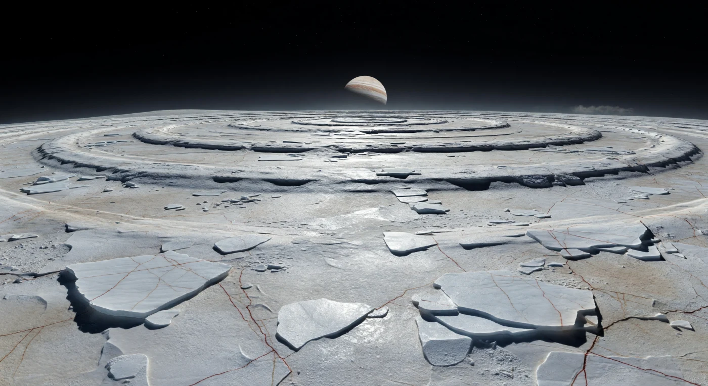 À ras du sol, un vaste paysage d’anneaux d’impact fossiles se déploie en larges arcs concentriques, où de basses crêtes de glace et des creux peu profonds s’évanouissent vers un horizon délicatement courbé, soulignant la petite taille du monde. Le sol, entièrement gelé, sec et cassant, mêle régolithe de glace d’eau, plaques disloquées, givre éclatant et affleurements bleu-blanc translucides, tandis que de fines veines brun rougeâtre et de sombres lineae trahissent des sels irradiés et des composés soufrés concentrés dans les fractures. Sous un Soleil bas, minuscule dans un ciel noir sans atmosphère véritable, la lumière rasante cisèle chaque relief de longues ombres nettes et fait scintiller la surface très réfléchissante, révélant ici des blocs anguleux, là de petites fosses et des terrains chaotiques figés dans la croûte. On a l’impression de se tenir au bord d’une cicatrice ancienne de plusieurs kilomètres d’extension, un paysage glacé d’une pureté sévère, modelé par l’impact, le gel et les tensions internes au-dessus d’un océan enfoui.