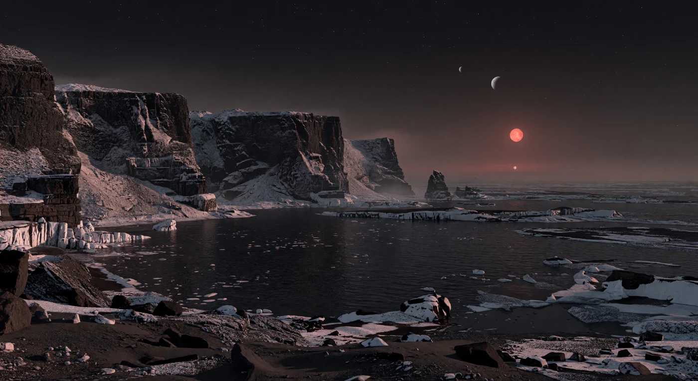 Au bord de cette côte figée dans un crépuscule éternel, d’immenses falaises de basalte noir se dressent au-dessus d’une mer presque sans éclat, leurs colonnes fracturées vernissées de givre salin, de glace en aiguilles et d’embruns gelés. À vos pieds, des blocs volcaniques anguleux, des galets lustrés comme du verre et des fissures remplies de gel témoignent d’un littoral modelé à la fois par d’anciennes coulées de lave, par l’érosion des vagues et par des cycles répétés de gel et de dégel; plus loin, l’eau libre, sombre et dense, se change en banquise disloquée puis en champs de glace perdus vers l’hémisphère nocturne. La faible étoile rouge, énorme et toujours suspendue à l’horizon, baigne la scène d’une lueur cuivreuse diffuse qui allonge des ombres douces dans une atmosphère ténue à modérée, assez sombre pour laisser scintiller les étoiles au zénith. Au-dessus de l’océan obscur, un monde voisin apparaît comme un petit croissant résolu, rappel saisissant que sur cette planète rocheuse probablement verrouillée gravitationnellement, la zone du terminateur pourrait offrir l’une des rares frontières où l’eau liquide, la glace et une habitabilité marginale coexistent.