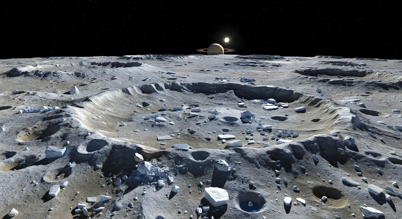 À hauteur du sol, le paysage s’étend en un chaos figé de bourrelets bosselés, de crêtes noueuses et de blocs de glace anguleux, éparpillés sur un manteau d’éjectas formé par l’excavation d’un ancien grand cratère. Le terrain, composé surtout de régolithe compact de glace d’eau mêlé d’une faible poussière météoritique plus sombre, présente des teintes gris-blanc légèrement bleutées, ternies par endroits de nuances beige gris et charbon, tandis que des éclats vifs jaillissent des facettes de glace exposées sous un Soleil lointain mais intense. Dans cette quasi-absence totale d’atmosphère, le ciel reste d’un noir pur et chaque ombre tombe en puits bleu-noir d’une netteté extrême, révélant la faible gravité et la conservation remarquable des reliefs d’impact, depuis les petites cuvettes secondaires jusqu’aux lointaines arêtes de remparts cratérisés. Tout semble immobile, glacé et immense, comme si l’on se tenait au milieu des débris d’une collision cosmique ancienne, préservée presque intacte dans le vide silencieux.