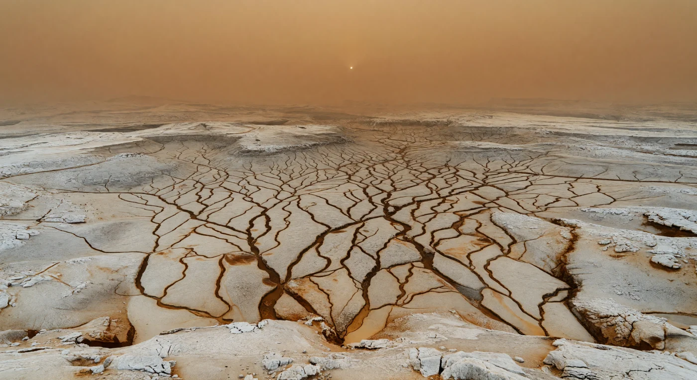 Depuis cette crête des hautes terres lumineuses, un dédale de vallées ramifiées se déploie sur un vaste plateau beige gris, taillé dans une croûte de glace d’eau si froide — autour de 94 K — qu’elle se comporte ici comme de la roche. Au premier plan, le régolithe gelé est fracturé en blocs anguleux et en sédiments durcis par le givre, tandis qu’une fine poussière organique brun orangé s’accumule dans les creux et souligne les fissures, prolongeant en traînées sombres les pentes et les anciens chemins d’écoulement. Plus loin, les chenaux se divisent en tributaires de plus en plus serrés, entaillant des gradins, des escarpements et de larges cuvettes aux fonds parfois plus lisses et plus sombres, indices d’un transport passé de sédiments par des pluies ou ruissellements de méthane, même si aucun liquide libre n’apparaît ici. Au-dessus, l’atmosphère épaisse chargée de brume photochimique noie l’horizon dans des couches d’ambre et de sépia, diffuse la faible lumière solaire en une lueur dorée sans ombres nettes, et donne à ce paysage glacé et organique une immensité silencieuse, à la fois familière dans ses formes d’érosion et profondément étrangère dans sa matière.