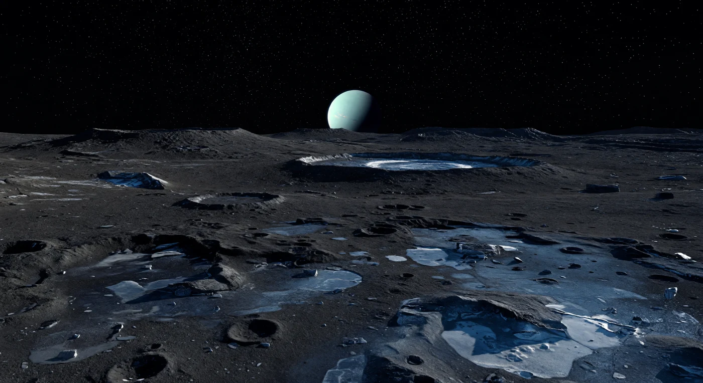 Sous ce ciel parfaitement noir, sans air pour adoucir la lumière ni faire vaciller les étoiles, le sol apparaît comme une étendue presque monochrome de glace ancienne et de matériaux sombres enrichis en carbone, criblée de petits cratères aux bords nets, de chaînons d’impact, de rides d’éjecta bosselées et d’affleurements fracturés où percent par endroits de minces éclats de glace d’eau plus claire. L’immense disque cyan-vert de la planète géante suspendu au-dessus de l’horizon baigne le paysage d’une faible lueur bleu acier, assez vive pour faire luire légèrement les surfaces glacées les plus propres, mais laissant le régolithe noir absorber presque toute la lumière et les ombres des craterlets tomber dans une obscurité d’encre. Au loin, dans la faible gravité, les lignes de vue s’étirent sans obstacle vers des hautes terres cratérisées et de vieux bassins émoussés, dont un grand cratère se distingue par une zone intérieure étonnamment plus brillante, rappel d’un matériau frais excavé ou exposé le long d’une fracture récente. Tout ici évoque une croûte glacée très ancienne, peu remaniée depuis des milliards d’années, figée dans un silence absolu où seule la clarté froide réfléchie par le monde voisin révèle la rudesse austère du terrain.