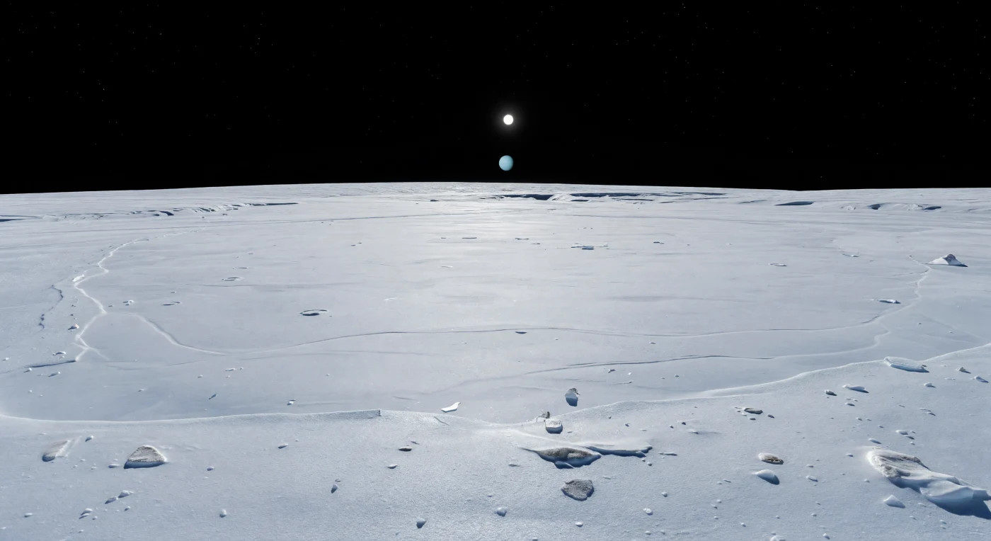 Sous vos pieds s’étend une immense plaine basse et lissée, faite d’une glace d’eau éclatante aux teintes blanc bleuté et gris neutre, qui ondule doucement jusqu’à un horizon étonnamment proche et courbe, rappelant la petite taille de ce monde. Le sol, durci en croûte de glace frittée et saupoudré d’un givre granuleux, n’est troublé que par quelques fragments anguleux, de rares petits cratères adoucis et de discrètes lineations tectoniques, vestiges d’un ancien épisode de resurfaçage probablement lié à un réchauffement interne et à la fracturation de la croûte. Sans atmosphère pour diffuser la lumière, le ciel reste d’un noir absolu, le Soleil minuscule projette des ombres nettes et froides, et chaque faible bourrelet, chaque sillon peu profond demeure visible avec une précision presque irréelle jusque dans le lointain. Cette étendue glacée, presque vide et pourtant marquée par une histoire géologique profonde, donne l’impression saisissante de se tenir au bord d’un désert gelé façonné par la tectonique et le temps.