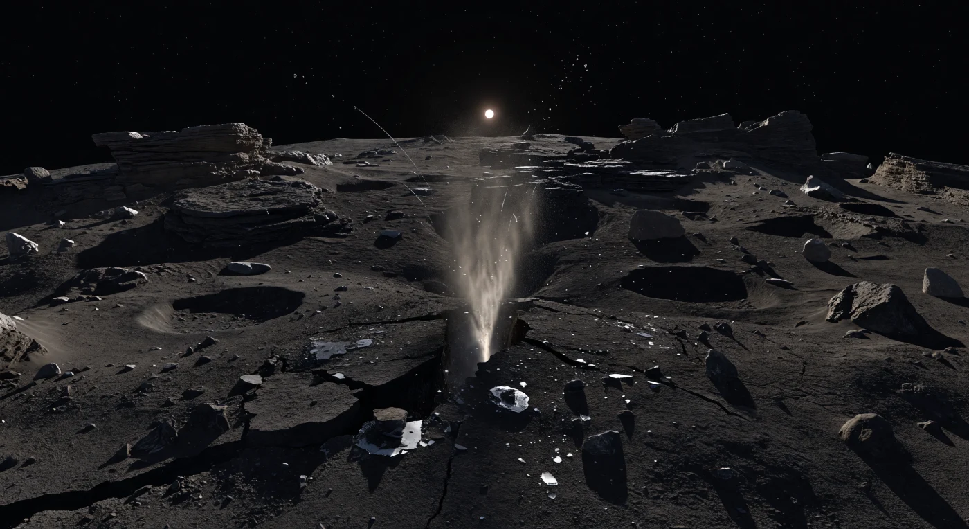À ras du sol, une fissure de quelques mètres éventre une croûte consolidée presque noire, riche en matières organiques réfractaires, dont les bords cassants se délitent en dalles anguleuses, paillettes de régolithe et petits blocs aux arêtes vives. De cette fracture jaillit un jet étroit de gaz de sublimation, chargé de poussières fines et de minuscules grains de glace, qui luit en beige gris pâle et argenté dans le contre-jour, tandis que tout autour le terrain demeure englouti dans une obscurité dense, tranchée seulement par des faces brutalement éclairées et des ombres d’une netteté absolue. Ici, l’activité est alimentée par l’échauffement du Soleil sur des glaces volatiles enfouies sous une croûte ultra-sombre ; de petites plages de glace d’eau sale apparaissent le long des parois fraîches de la crevasse, contrastant avec les affleurements stratifiés, les cuvettes d’effondrement, les poches de poussière redéposée et les rides basses sculptées par le transport granulaire dû aux gaz. Sous un ciel de vide pur, avec un horizon tout proche déjà courbé et des falaises disloquées qui se dressent trop raides pour un monde si minuscule, les grains éjectés semblent flotter et retomber au ralenti, donnant à cette scène active l’étrange impression d’assister, les pieds posés sur une poussière gelée, à l’érosion en direct d’un corps primordial.