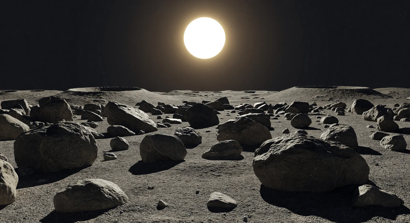 आपके सामने धूसर-भूरे, दाँतेदार शिलाखंडों का एक बिखरा हुआ मैदान फैला है, जहाँ महीन रेगोलिथ की समान रंगत वाली धूल चट्टानों के बीच शांत परत की तरह जमी है और हर किनारा इतनी तीक्ष्ण स्पष्टता से उभरता है मानो अभी-अभी किसी प्रचंड टक्कर ने उसे तोड़ा हो। यहाँ लगभग वायुरहित वातावरण के कारण न हवा है, न क्षरण, न धुंध—इसीलिए हर पत्थर की धार अनघिसी है, और सूर्य की सीधी, कठोर रोशनी उनके पीछे ऐसी परछाइयाँ बनाती है जो बिल्कुल काली दिखाई देती हैं, क्योंकि प्रकाश को फैलाने वाला कोई वायुमंडल मौजूद नहीं। दूर तक फैले प्राचीन क्रेटरयुक्त मैदान, उछले हुए प्रभाव-उत्सर्जन के चिह्न और नीची-ऊँची सतहें इस बात के साक्ष्य हैं कि यह भू-दृश्य अरबों वर्षों से उल्कापिंडीय प्रहारों और सतही चूर्णन से गढ़ा गया है। काले आकाश, अस्वाभाविक रूप से प्रखर सूर्य और निर्जन, निस्संग विस्तार के बीच खड़े होकर ऐसा लगता है जैसे आप एक ऐसे संसार की सतह पर हैं जहाँ शून्य, प्रकाश और पत्थर ही प्रकृति की अंतिम भाषा हैं।