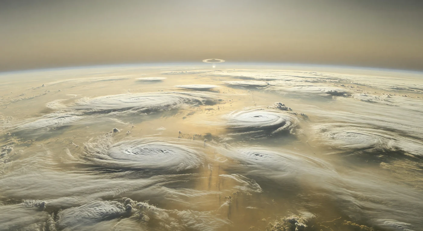 Ante ti se extiende un océano de nubes sin orilla ni suelo, una llanura fluida de bandas beige y butterscotch sobre la que resplandece un grupo de óvalos blancos anticiclónicos, con bordes crema plateados y remolinos concéntricos que desgarran filamentos hacia brumas color canela más oscuras. Estás suspendido cerca del nivel de 1 bar, en la región de nubes de hielo de amoníaco, mientras por debajo asoman velos más profundos de hidrosulfuro de amonio en tonos sucios y oliva parduzco, y por encima una calina fotoquímica difumina la luz fría de un Sol diminuto y lejano. Los vientos zonales extremos esculpen ondas, vetas y remansos en estas cubiertas nubosas, y cada óvalo tormentoso —de cientos a miles de kilómetros de ancho— se alza apenas sobre el paisaje atmosférico como una gigantesca espiral luminosa en lenta rotación. En el horizonte intensamente curvado, perdido en la neblina dorado-gris, apenas se insinúa un arco fino y brillante: los anillos, vistos a través de una brecha en la bruma, subrayan la escala colosal y la extraña serenidad de este mundo hecho solo de vapor, cristales y tormentas.