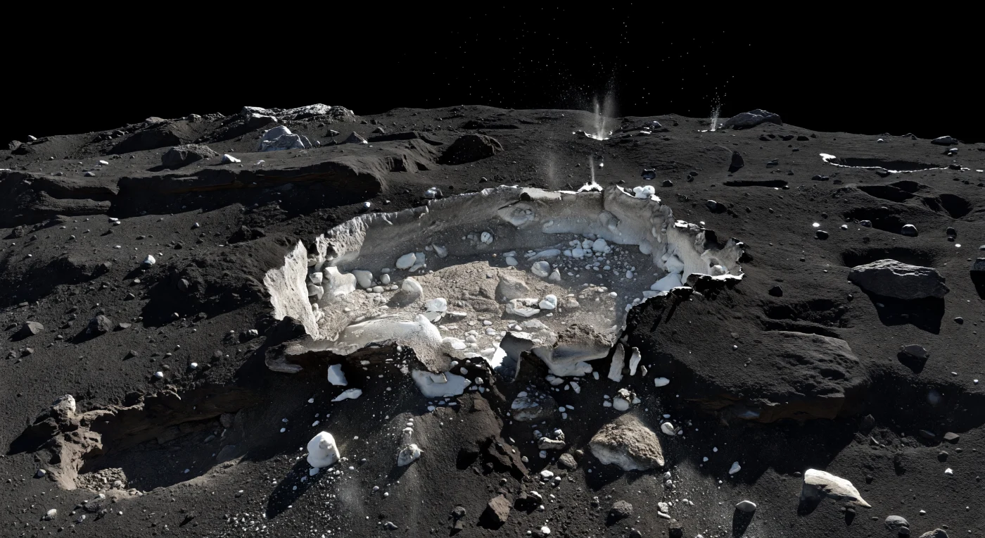 Sous vos pieds, une cicatrice fraîche déchire la croûte mûre presque noire comme du charbon et expose une matière pâle, gris cendre à blanchâtre, faite de glace d’eau sale, de givre et de débris granuleux qui éclatent sous une lumière solaire dure. Autour, le sol très sombre — une croûte organique dévolatilisée d’albédo extrêmement faible — se présente en talus friables, blocs anguleux, petites fractures, rebords stratifiés et poussière bosselée, tandis que la paroi de l’entaille révèle des couches internes et des surplombs effondrés, preuve qu’un matériau plus volatil se cache sous la surface vieillie. Dans cette gravité infime, un éventail d’éjectas mêlés de poussière noire et de glace brillante descend la pente, quelques grains semblant flotter juste au-dessus du terrain, et plus loin de minces jets de gaz et de poussière peuvent jaillir de fissures ensoleillées dans le vide absolu. Le ciel reste d’un noir pur, sans atmosphère pour adoucir l’éclat ni les ombres tranchantes, et l’horizon, proche et subtilement courbe, avec ses fosses irrégulières, sa petite falaise et ses rochers hauts comme des maisons, donne la sensation saisissante de se tenir sur un noyau minuscule, poreux et intensément actif.