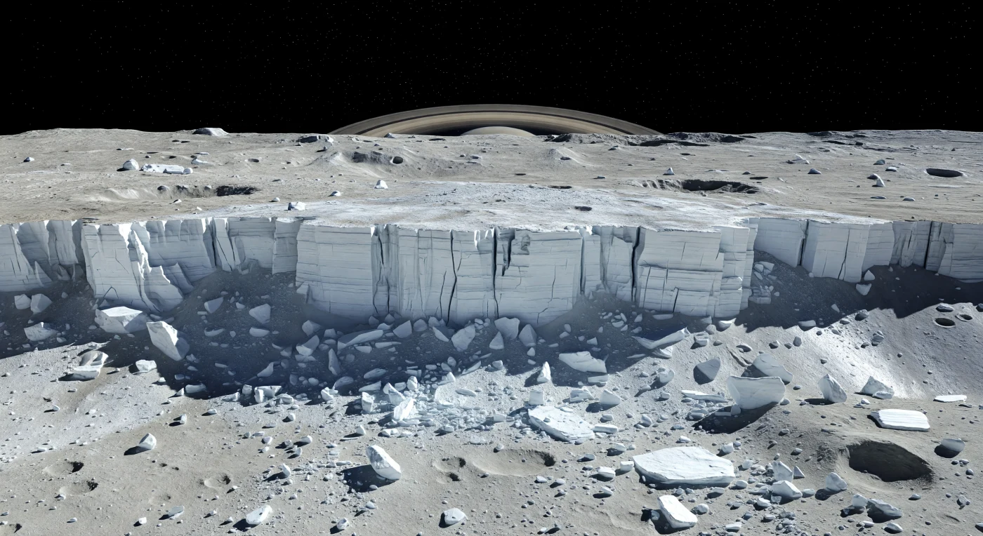Devant vous se dresse un immense escarpement tectonique, une falaise de faille éclatante où de la glace d’eau presque pure affleure en parois quasi verticales, striées de fractures droites, de terrasses superposées et de corniches nettes dominant une plaine ancienne criblée de cratères. À sa base, un vaste tablier d’éboulis de blocs anguleux, allant du mètre à la taille d’une maison, s’est accumulé sous l’effet des ruptures de cette croûte glacée fragile, tandis que le régolithe cryogénique plus ancien, légèrement souillé par des contaminants non glacés, paraît plus mat et grisâtre. La lumière solaire, petite mais d’une intensité tranchante dans ce monde sans atmosphère, arrive rasant l’horizon et fait flamboyer la glace propre en blanc bleuté, laissant derrière chaque arête des ombres longues, noires et d’une précision absolue sous un ciel parfaitement noir. À l’échelle du paysage, les reliefs fracturés, les cratères adoucis par le temps et les rides soulevées des hautes terres révèlent une enveloppe de glace très ancienne, brisée par l’extension tectonique puis figée dans un silence glacial et démesuré.