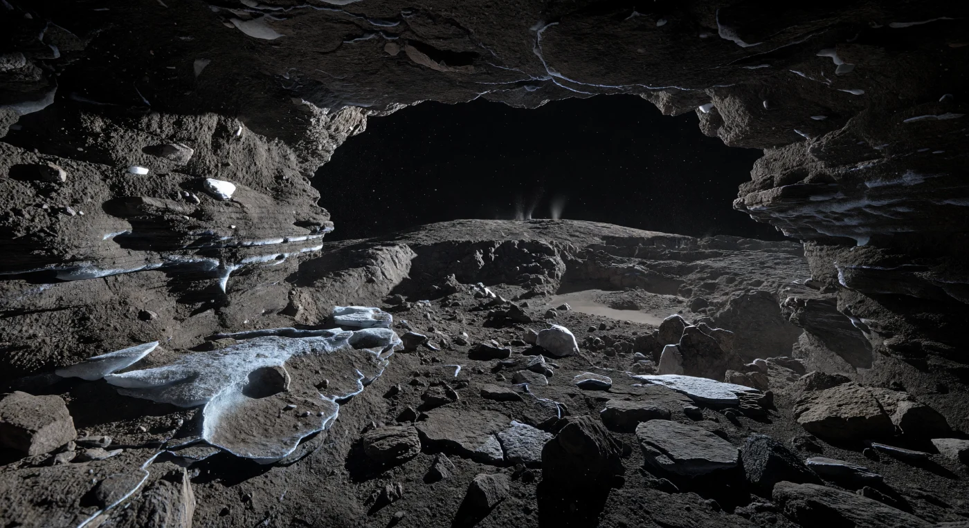 Sous un surplomb fracturé plus noir que du charbon, une alcôve d’ombre révèle un paysage minuscule et immense à la fois : un talus d’éboulis anguleux, de plaques de croûte cassantes et de régolithe poussiéreux, où un fin givre d’eau bleuté-blanc s’accroche seulement aux fissures, aux corniches et aux poches les mieux abritées. Ici, la surface consolidée, riche en composés organiques et d’un albédo extrêmement faible, absorbe presque toute la lumière ; dans ce refuge glacé, seule une lueur réfléchie fait ressortir le contraste saisissant entre la pellicule de glace et le substrat sombre, tandis que quelques grains de poussière dérivent lentement dans la gravité infime. Au-delà de l’ouverture, des falaises déchiquetées, des dépressions en puits, des blocs épars et des nappes de poussière lisse plongent vers un horizon tout proche et subtilement courbe, découpé sous un ciel noir absolu sans brume ni diffusion atmosphérique. Si l’activité solaire est forte, de minces jets de gaz et de poussière s’élèvent au loin depuis des fractures illuminées, rappelant que ce décor figé en apparence est en réalité un mélange poreux de poussière, de glace et de vides, continuellement sculpté par la sublimation.