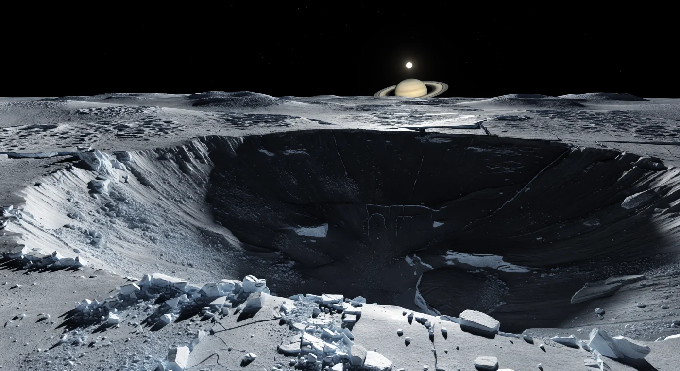 Depuis la crête aiguë d’un ancien cratère d’impact, le sol se présente comme une roche de glace d’eau fracturée, d’un blanc grisâtre à peine bleuté, brisée en dalles anguleuses et en blocs éboulés qui plongent sur une pente abrupte vers un intérieur presque entièrement englouti dans le noir. Ici, l’absence presque totale d’atmosphère ne laisse aucun voile entre l’œil et le relief : les horizons sont d’une netteté tranchante, les ombres sont d’un noir absolu, et seule une faible lumière réfléchie dessine au fond du gouffre quelques terrasses, cicatrices d’effondrement et affleurements de glace plus propre. Au loin s’étendent des plaines glacées saturées de cratères, de couvertures d’éjectas et de fractures extensives, vestiges d’une surface très ancienne façonnée surtout par les impacts et le lent travail tectonique d’une croûte gelée sous un froid extrême. Sous un petit Soleil dur et pâle, tandis qu’au-dessus de l’horizon se suspend l’immense disque annelé de la planète géante, le paysage paraît silencieux, immense et irréel, comme si l’on se tenait au bord d’un abîme taillé dans la pierre la plus froide du Système solaire.