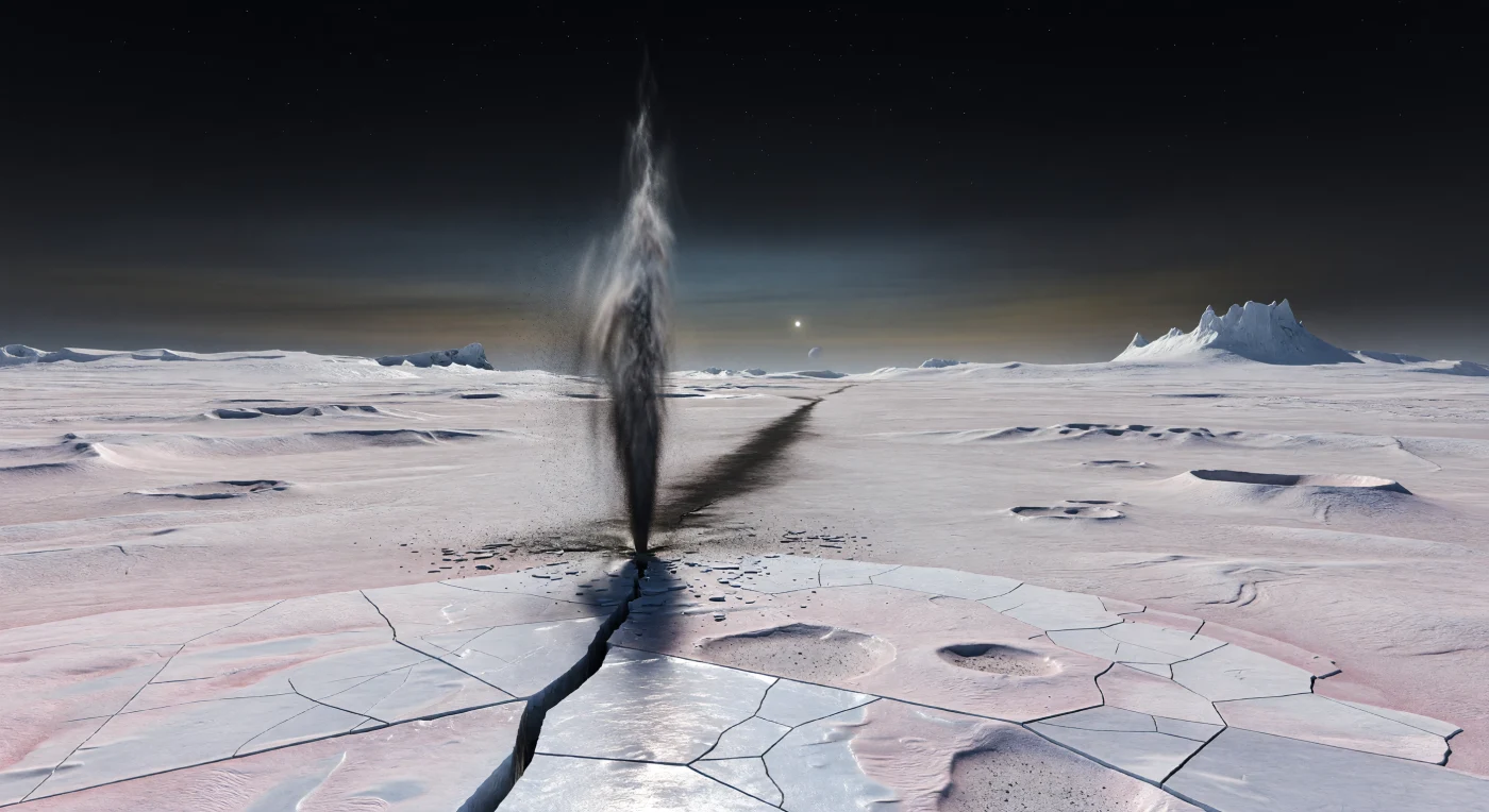 Sous un ciel presque noir, à peine adouci près de l’horizon par une brume bleu gris fumée, une vaste dalle de givre d’azote et de glace d’eau rose-blanc se déploie en plaques polygonales fissurées, luisant d’un éclat froid sous un Soleil minuscule mais tranchant. D’une crevasse centrale jaillit un panache sombre, propulsé par l’azote sublimé sous la croûte translucide : une colonne étroite chargée de grains de glace et de poussières riches en carbone qui s’élève sur plusieurs kilomètres avant d’être couchée par les vents ténus de la basse atmosphère, puis semée en un large éventail noir sur la plaine claire. Autour de la source, les textures de glaces volatiles portent les marques du resurfaçage récent — petites fosses de sublimation, rides de pression, retombées sombres — tandis qu’au loin s’étendent des plaines cryovolcaniques jeunes, quelques cratères adoucis, des terrains bosselés en « peau de melon » et des reliefs de glace d’eau anormalement abrupts, accentués par la faible gravité. L’ensemble donne l’impression de se tenir sur un monde glacé encore vivant, où une atmosphère presque inexistante suffit pourtant à sculpter la surface et à transformer une simple fissure en geyser gigantesque traçant une cicatrice noire vers l’horizon.