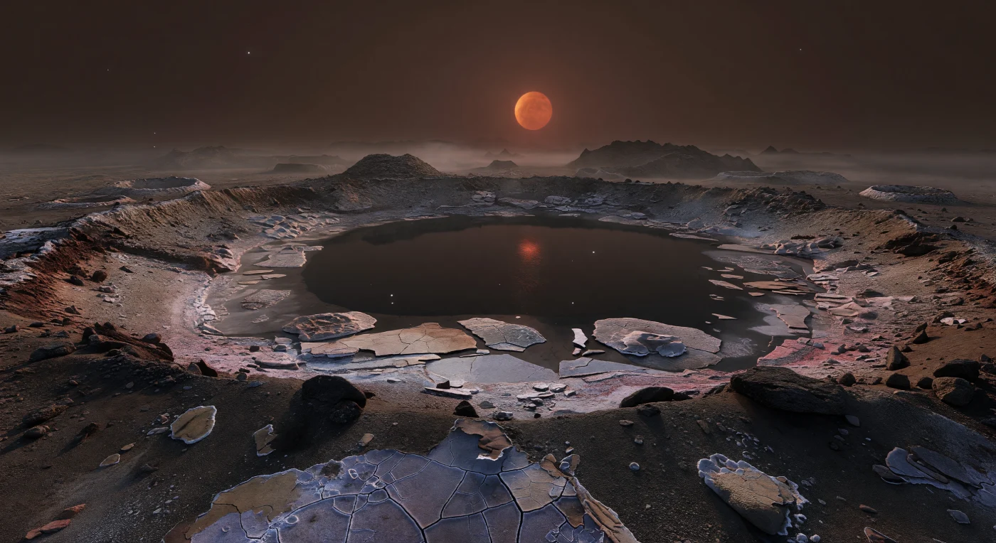 Au bord de cet immense bassin d’impact, le sol se déploie jusqu’à l’horizon en une cuvette ancienne dont le centre est occupé par un lac de saumure hypersaline, noir et lisse comme du verre, renvoyant sous la lumière rasante une lueur cuivrée étirée. Autour de cette surface figée s’étend une couronne de glaces fracturées en plaques anguleuses, de rides de pression et de croûtes évaporitiques pâles — beige délavé, blanc rosé, rouille minérale — témoins de cycles répétés de gel, de sublimation et de concentration des sels dans la zone crépusculaire où une atmosphère ténue peut encore laisser survivre des volatils. Les parois du bassin, découpées et érodées, exposent des basaltes sombres, des brèches d’impact et des éboulis qui descendent vers des vasières salées craquelées de polygones, poudrées de givre et de poussière noire. Au-dessus, un ciel brun rouge enfumé, chargé d’une brume basse dérivante, étouffe les reliefs lointains tandis que l’astre rouge, suspendu près de l’horizon, baigne tout le paysage d’une clarté faible et profonde, donnant à cette scène silencieuse une immensité froide et étrangement habitable.