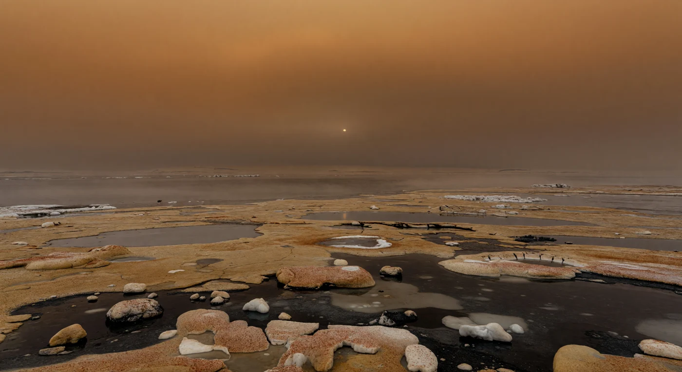 Sous une voûte presque continue de nuages de méthane et de brume photchimique brun-orangé, le paysage polaire s’étale en une plaine glacée si basse et si uniforme que l’horizon semble se dissoudre dans la pénombre. À vos pieds, des galets d’eau glacée, durs comme de la roche, des plaques fissurées et une poussière organique rouille encadrent de petites mares noires de méthane et d’éthane, logées dans de faibles dépressions aux rives sombres, humides d’hydrocarbures liquides. La lumière du jour, extrêmement faible et entièrement diffusée par l’atmosphère dense d’azote, n’engendre presque aucune ombre : elle écrase le relief, révèle de subtils motifs polygonaux, de maigres bourrelets, d’anciens creux d’effondrement adoucis par les dépôts, et de minces nappes de brume dérivant au ras des lacs. Tout ici évoque une géologie familière dans ses formes mais étrangère dans sa matière et son climat, où la glace d’eau forme le socle, où les liquides stables sont des hydrocarbures, et où l’hiver polaire transforme le monde en un bassin silencieux, froid et presque sans fin.