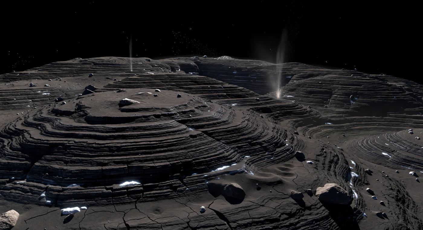 Devant vous, de larges terrasses en gradins de matière consolidée presque noire se déploient en arcs concentriques, comme les pelures d’un oignon figées dans le vide, leurs ressauts nets entaillés de longues fractures cassantes et ponctués d’éboulis anguleux. Le sol, d’un brun-charbon à l’albédo extrêmement faible, est un mélange poreux de poussières riches en composés organiques et de glaces sales, où de petites plaques de givre et de glace d’eau affleurent en blanc bleuté dans les fissures ombrées, scintillant sous une lumière solaire rasante. L’absence totale d’atmosphère plonge le ciel dans un noir absolu et rend les ombres d’une dureté spectaculaire, accentuant chaque surplomb, chaque cuvette d’effondrement et la courbure anormalement proche de l’horizon, signe de la taille minuscule et de la très faible gravité de ce noyau cométaire. Au loin, des falaises stratifiées et de fines traînées de gaz et de poussière s’échappant de zones illuminées rappellent qu’ici la surface n’est pas inerte, mais un assemblage fragile de glace, de poussière et de vide, lentement sculpté par la sublimation.