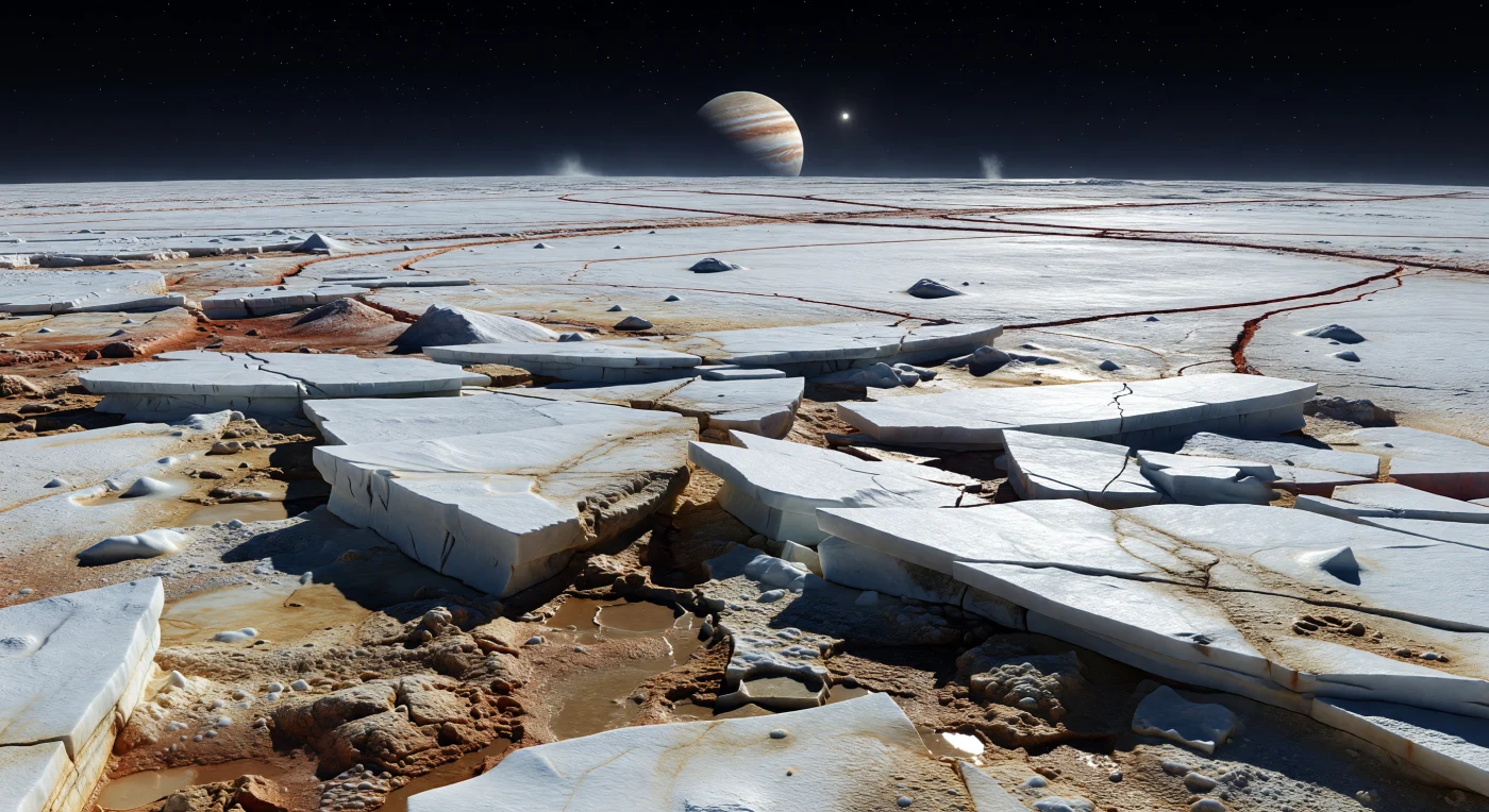 Devant vous s’étend un dédale chaotique de radeaux de glace d’eau brisés, vastes plaques blanches à bleu blafard basculées, pivotées et disloquées comme si une banquise entière avait été fracassée puis figée en plein mouvement. Entre leurs arêtes nettes et leurs crevasses d’ombre, une matrice bosselée brun sépia à ocre rouille comble les vides : glace souillée de sels et de matériaux non glacés, probablement remaniée par des fractures, des remontées de saumures et un regel rapide sous l’effet des contraintes de marée. La lumière solaire, minuscule mais tranchante à cette distance, glisse en biais sur les facettes propres de la glace et projette de longues ombres dans un silence absolu, sous un ciel parfaitement noir qu’aucune atmosphère ne vient adoucir. Au loin, l’horizon bas et légèrement courbe souligne la petitesse du monde autant que l’immensité de cette plaine fracturée, tandis que de pâles terrains glacés striés de fines bandes brunâtres rappellent qu’ici la surface n’est pas immobile, mais sans cesse travaillée par l’océan caché sous la croûte.